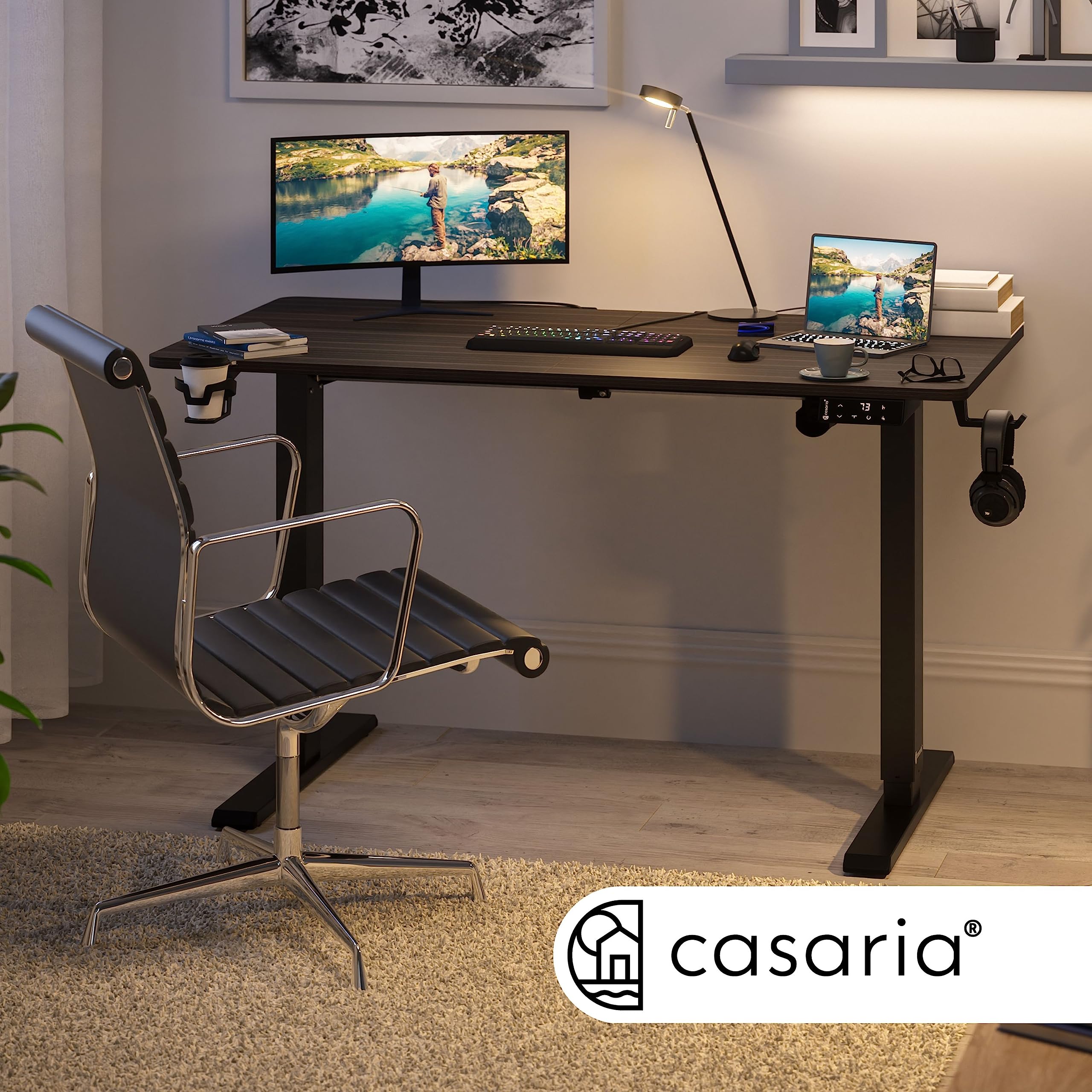 CASARIA Adjustable Height Ergonomic Desk with 2 Reminder Timers, Max Load 120kg, Cup Holder - Perfect for Home Office, Gaming & Study Workspace
