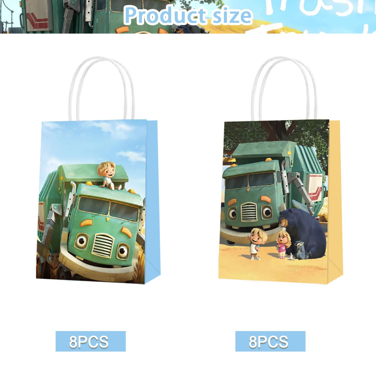 16 Pcs Trash Truck Themed Party Favor Bags with Handles - 2 Styles for Kids Birthday Party Supplies, Goodie Bags for Candy & Gifts - Perfect for Trash Truck Themed Decorations, Boys & Girls Birthday Parties, Baby Showers & School Events