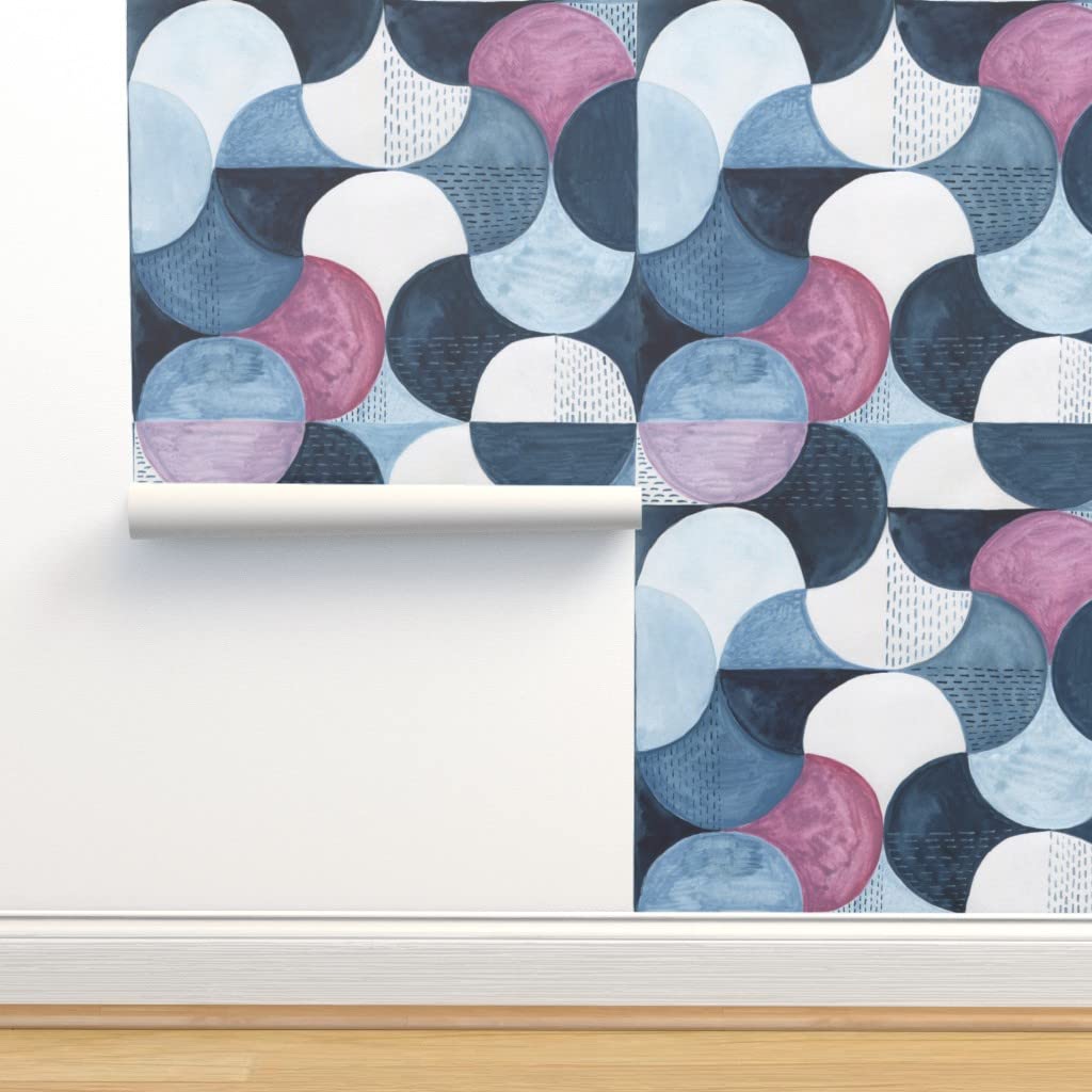 Premium Commercial Grade Wallpaper 27ft x 2ft - Watercolor Pink Midcentury Modern Geometric Circle Pattern Peel & Stick Wallpaper for Living Room, Bedroom, Office Decor by Spoonflower