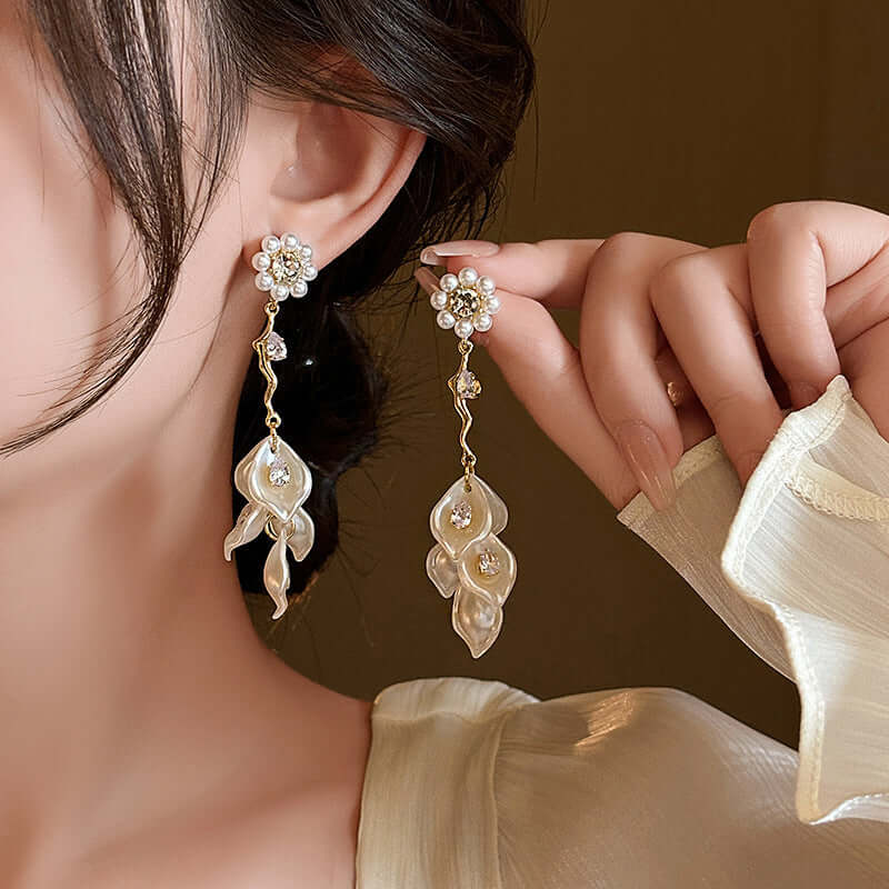 Pearl Petal Drop Earrings N2393 - Elegant Floral Dangle Earrings for Women, Perfect for Weddings, Parties & Special Occasions