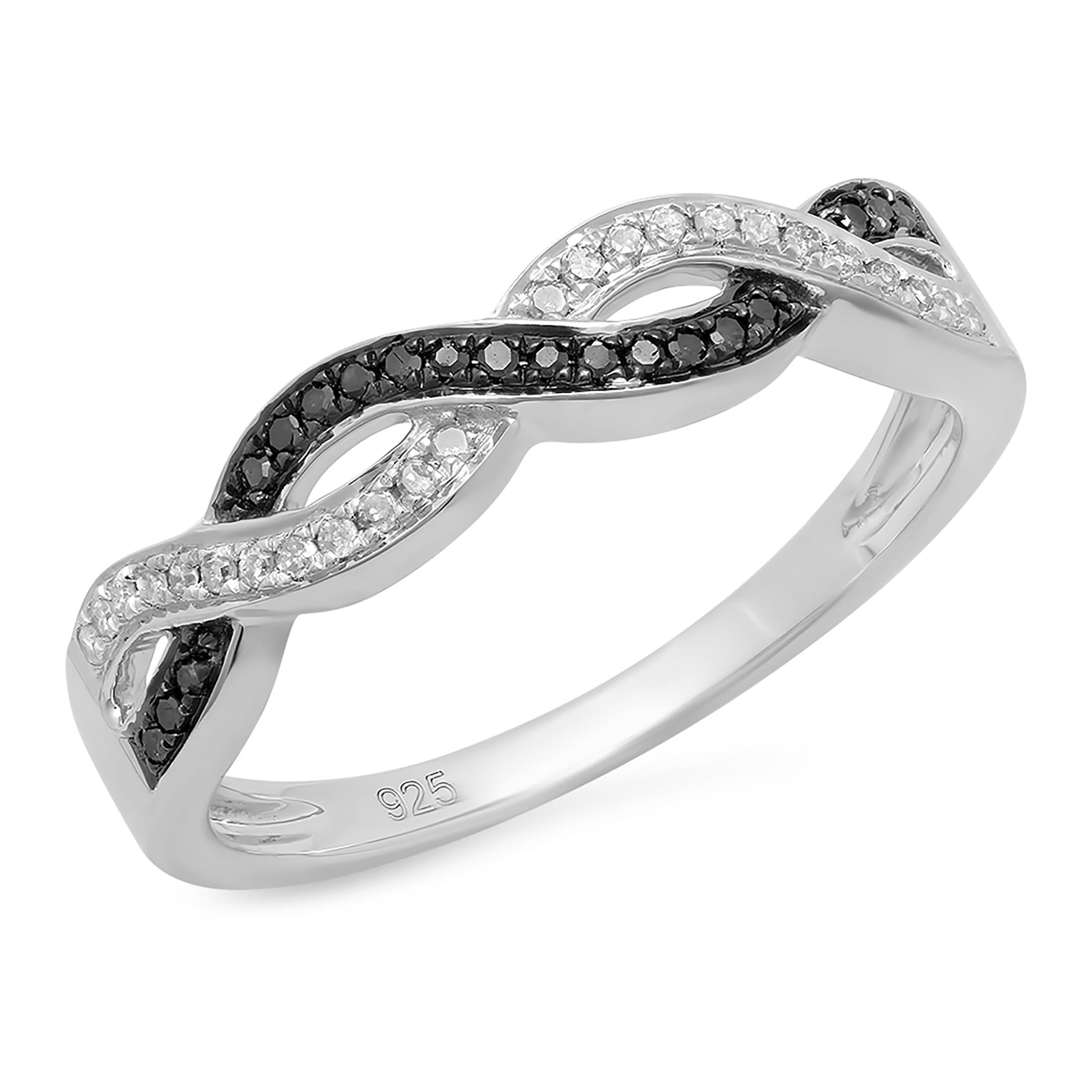 Dazzlingrock 925 Sterling Silver 0.15 Cttw Black & White Diamond Criss Cross Stackable Ring for Women | Wedding, Anniversary, Birthday Gift, Everyday Jewelry