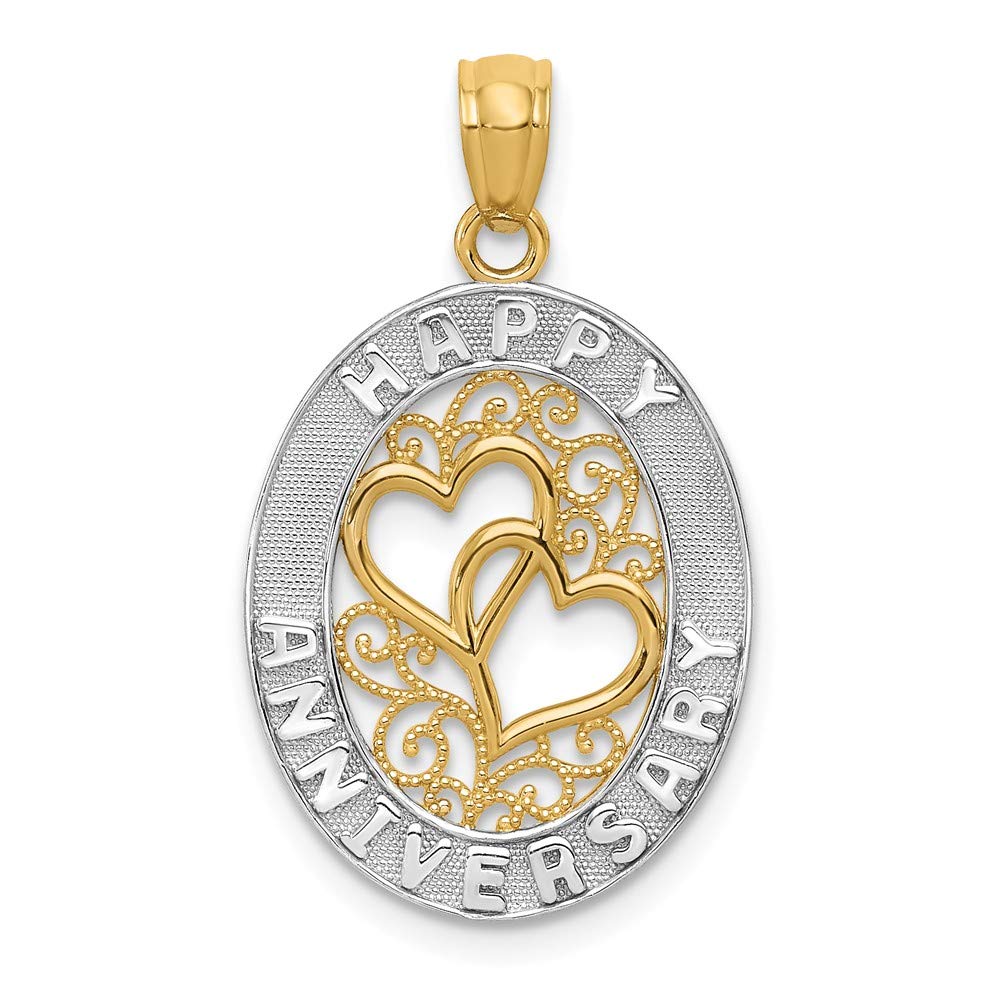 14k Yellow Gold Two-Tone Happy Anniversary Heart Pendant Charm - 26mm x 15mm - Romantic Gift for Wife, Girlfriend, Couples Jewelry for Anniversaries, Valentine's Day & Special Occasions