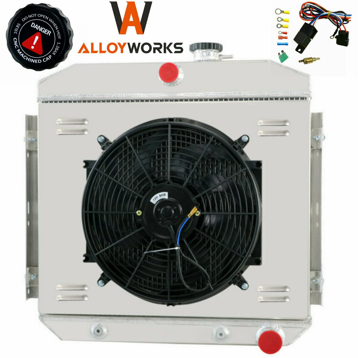 ALLOYWORKS CC5056 3-Row Full Aluminum Radiator with Fan Shroud Relay Kit - Compatible with 1955-1957 Chevy One-Fifty/Two-Ten Series & Belair Del Ray L6 V8 Engines | Perfect for Classic Car Restoration & Hot Rod Upgrades