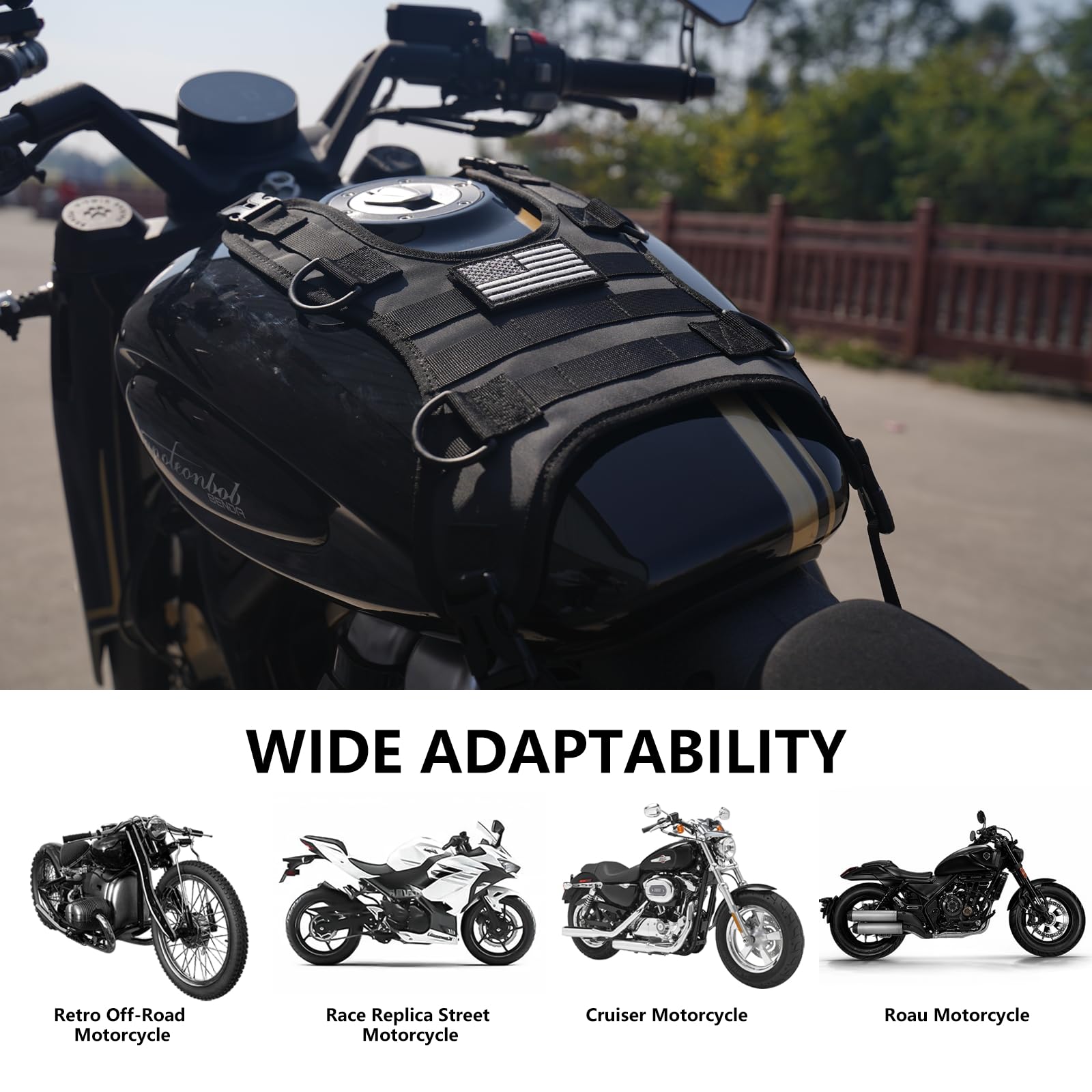 Universal Motorcycle Fuel Tank Bag Mounting Base - Waterproof Saddle Bag/Tail Bag/Seat Bag Mounting Accessory with US Flag Design | Perfect for Long-Distance Rides, Commuting & Adventure Motorcycling