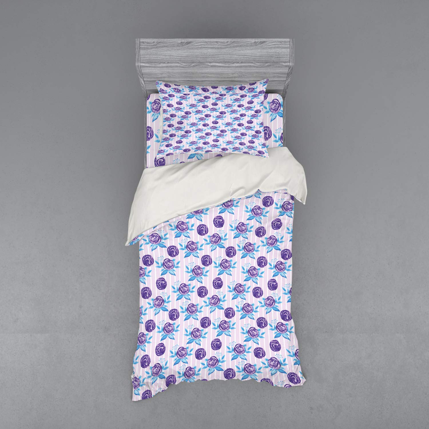 Ambesonne Floral Bedding Set - Watercolor Abstract Roses on Stripes Duvet Cover 3 Piece Set with Sham & Fitted Sheet, Twin XL Size, Pale Pink & Sky Blue - Perfect for Romantic Bedroom Decor & Guest Room Styling