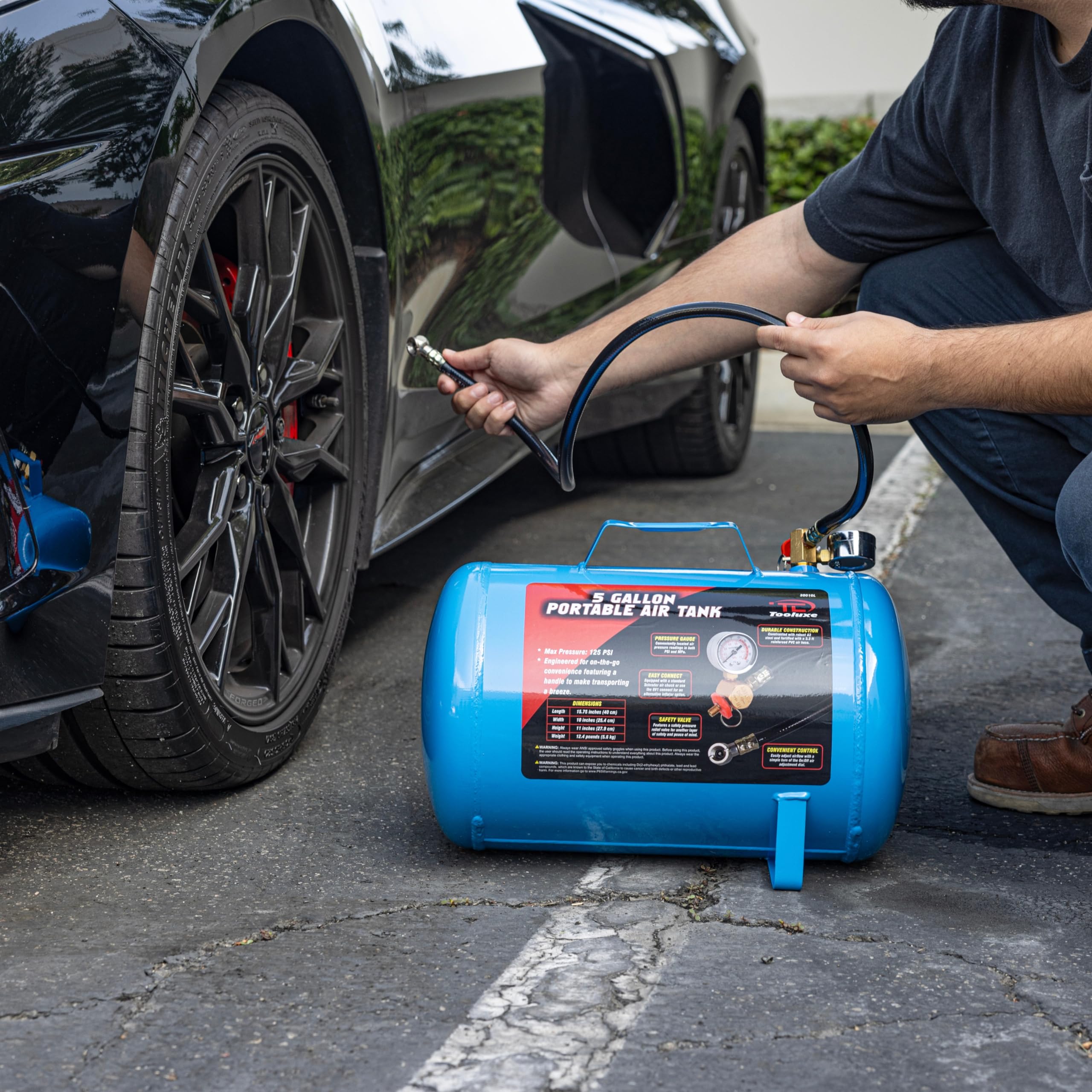 5 Gallon (30010L) Portable Air Tank with 125 PSI Max Pressure - Horizontal Air Compressor Tank with 1/4