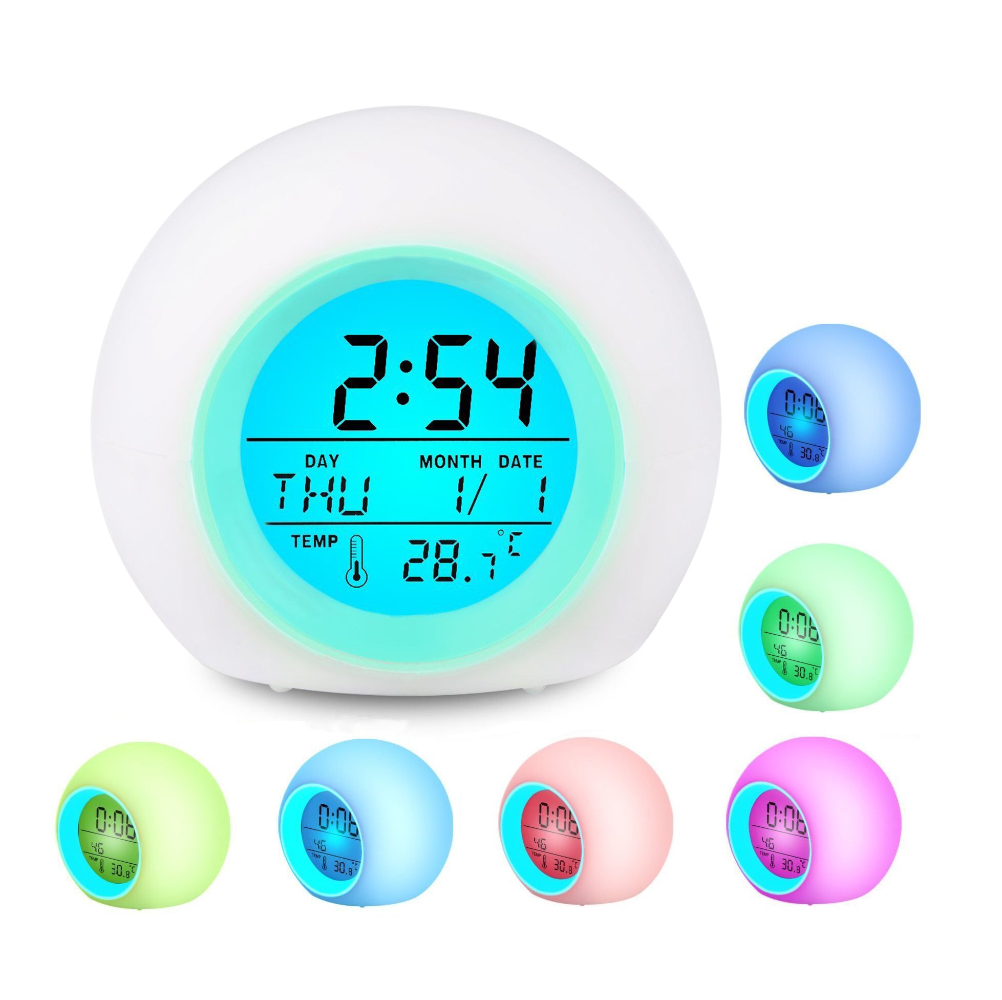 Kids Digital Alarm Clock with Temperature Display & 7-Color LED Changing Light - 5 Natural Music Songs for Bedroom, Nightstand, or Nursery | Perfect for Sleep Training & Gentle Wake-Ups