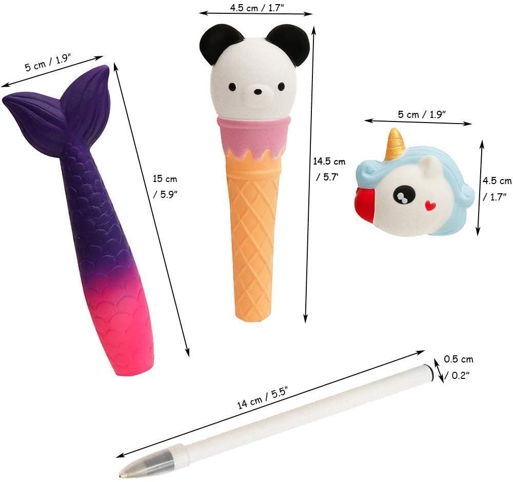 Anboor 3-Pack Kawaii Squishy Pen Grips - Unicorn, Mermaid, Panda - Slow Rising Scented Pencil Toppers for Kids Study & Play