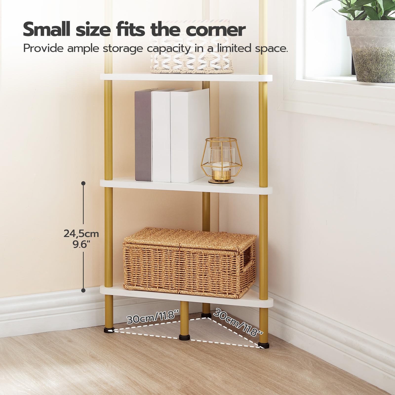 HOOBRO 6-Tier Industrial Corner Bookshelf - White & Gold Metal Wall Shelf for Small Spaces, Living Room, Bedroom | Book Storage, Plant Display, Home Decor Organizer (Model DW36CJ01)