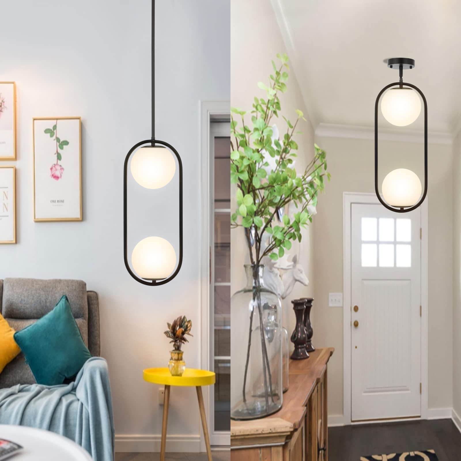 2-Lights Modern Globe Chandelier - Mid Century Pendant Light Fixture with White Glass Shades - Matte Black Ceiling Hanging Lighting for Kitchen Island, Dining Room, Bedroom - Perfect for Home Decor, Restaurant, and Office Lighting