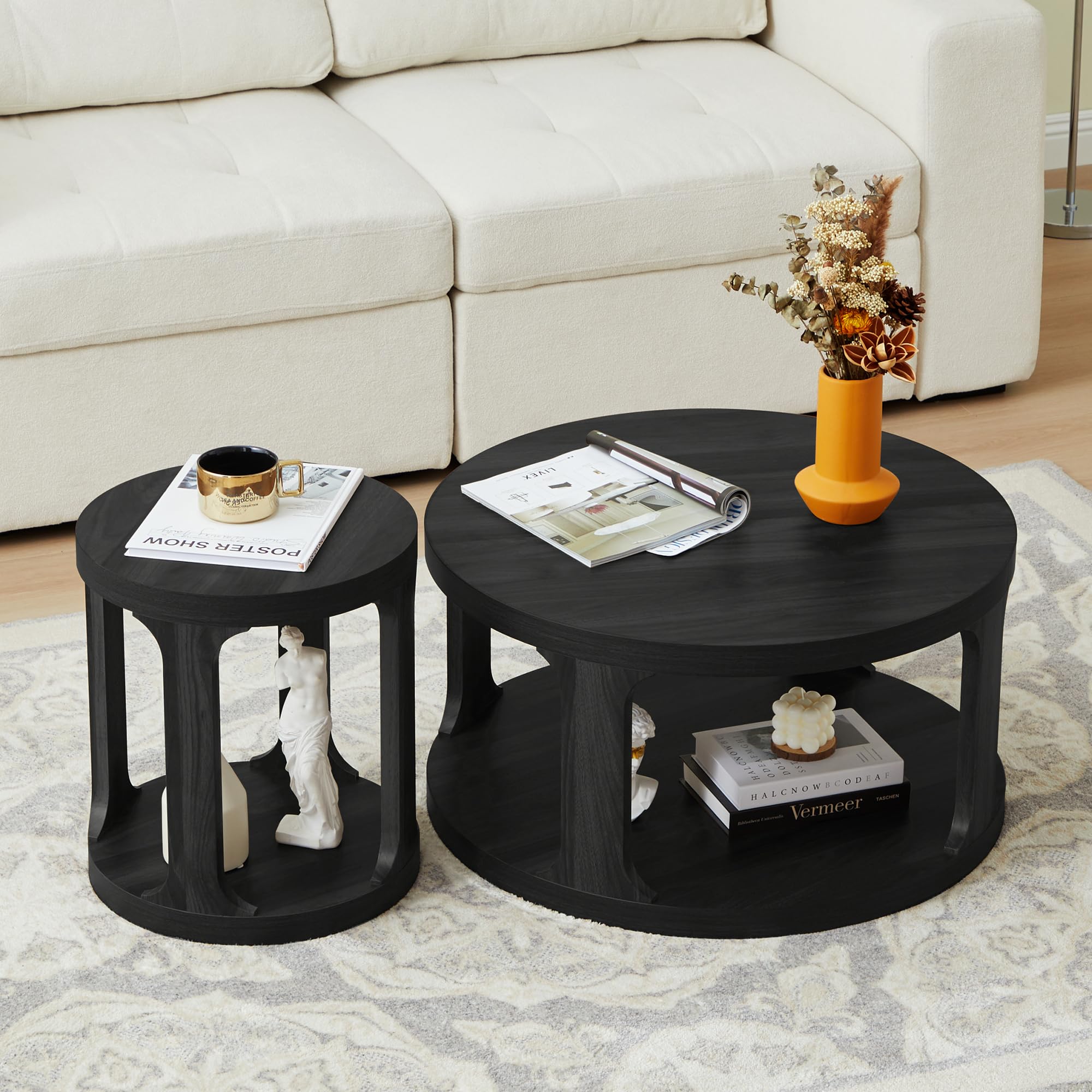 Modern Round Nesting Coffee Table Set of 2 with Storage Shelf - Space-Saving Side Table for Living Room, Bedroom, Apartment & Home Office - Perfect for Small Spaces & Coffee Time (Black)