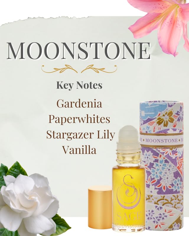 Moonstone Perfume Oil Roll-On by Sage - 1/8 oz Vegan & Cruelty-Free Floral Scent with Gardenia, Paperwhites & Stargazer Lily | Natural Aromatherapy for Women, Daily Wear & Special Occasions