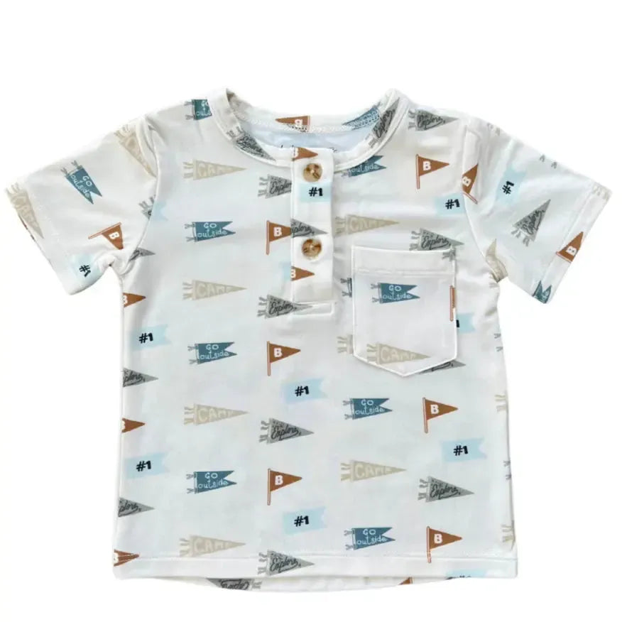Babysprouts Short Sleeve Henley Tee with Retro Banners - Soft Cotton Baby Boy & Girl Casual Outfit for Playdates & Family Photos