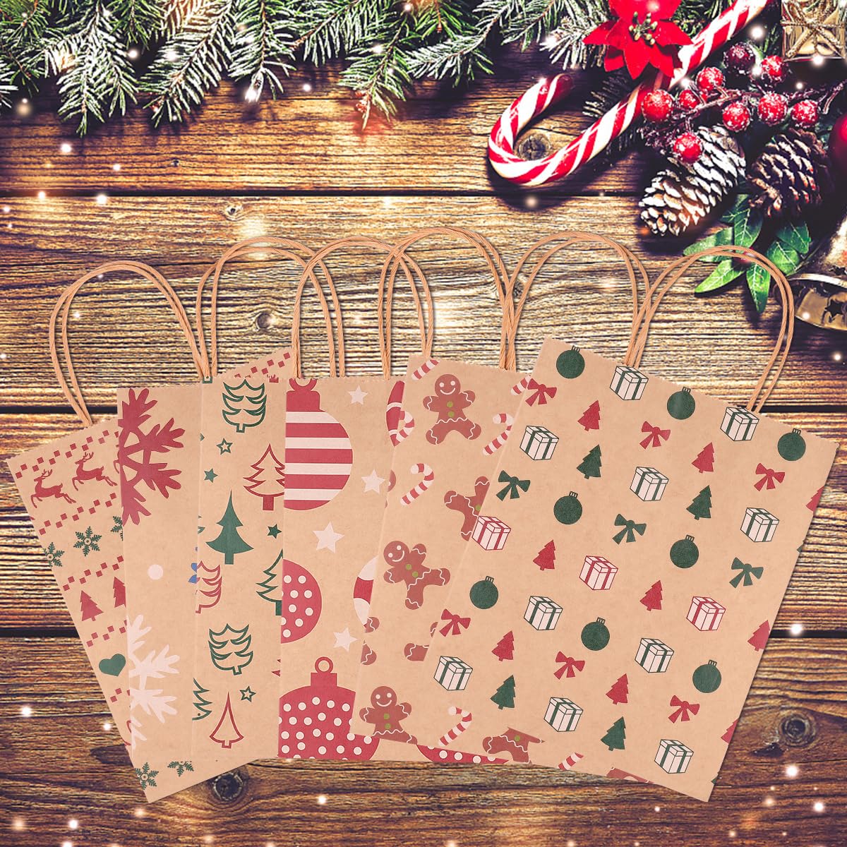 24pcs Christmas Kraft Gift Bags with 6 Festive Patterns - Eco-Friendly Holiday Paper Pouches for Party Favors, Candy, Gifts | Perfect for Christmas Parties, Office Exchanges & Festive Decorations