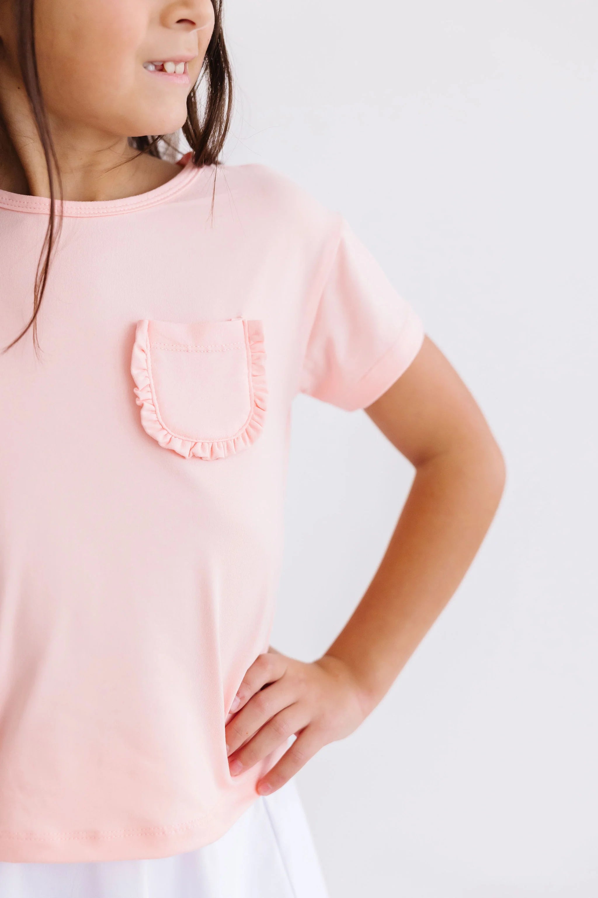 Peach Ruffle Pocket Tee - Women's Floral Blouse with Ruffled Sleeves & Chest Pocket - Perfect for Spring Outfits, Date Nights & Casual Wear