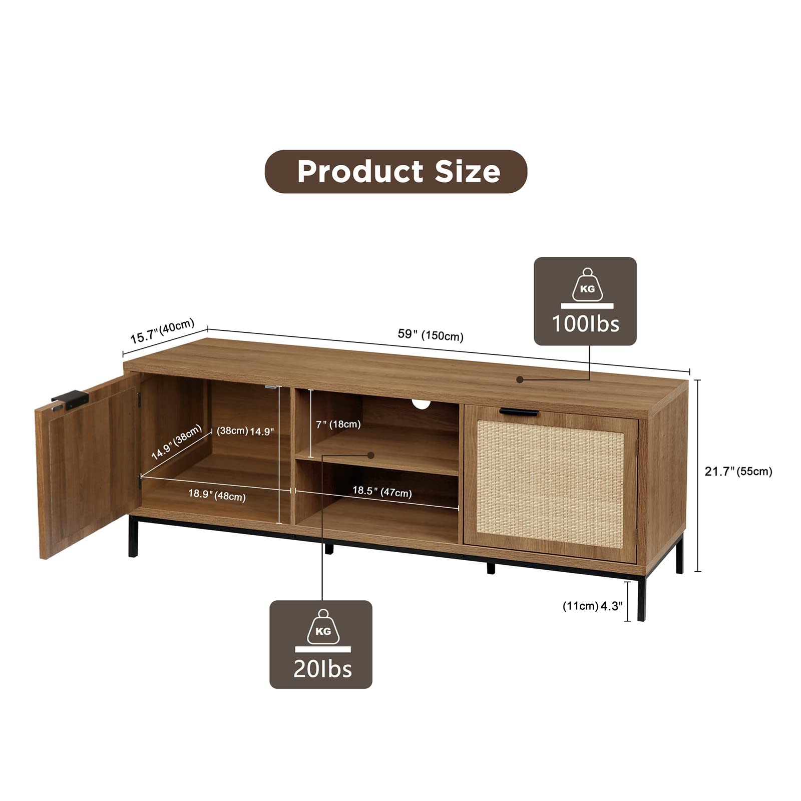 Anmytek Farmhouse Rattan TV Stand for 65 Inch TV - Rustic TV Console Table with 2 Rattan Doors - Modern Entertainment Center for Living Room & Bedroom - Perfect for Farmhouse Decor & Cozy Home Theater Setup (H0033)
