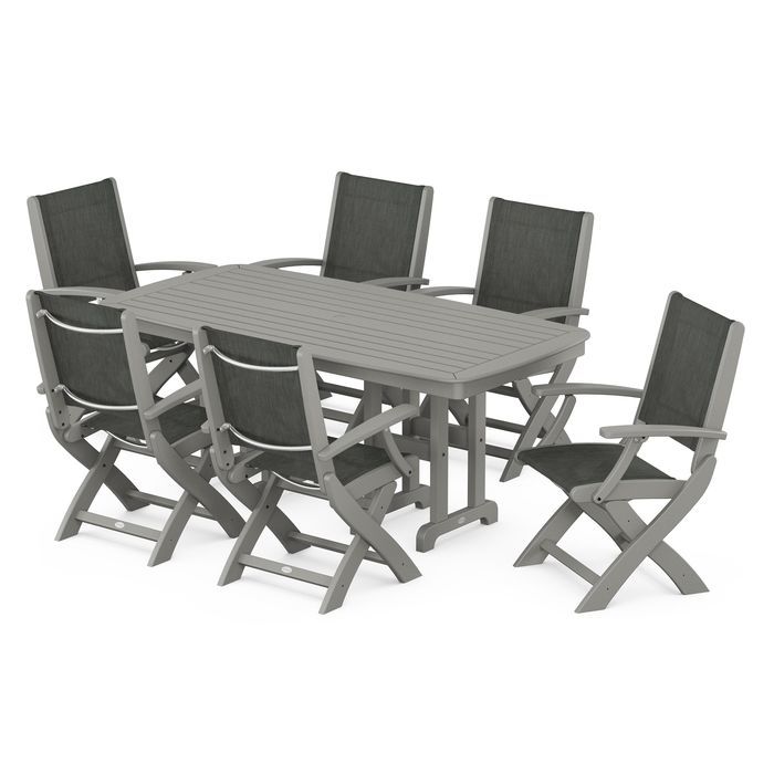 POLYWOOD Coastal Folding Arm Chair 7-Piece Outdoor Dining Set - Perfect for Patio, Deck, Poolside & Beachfront Entertaining
