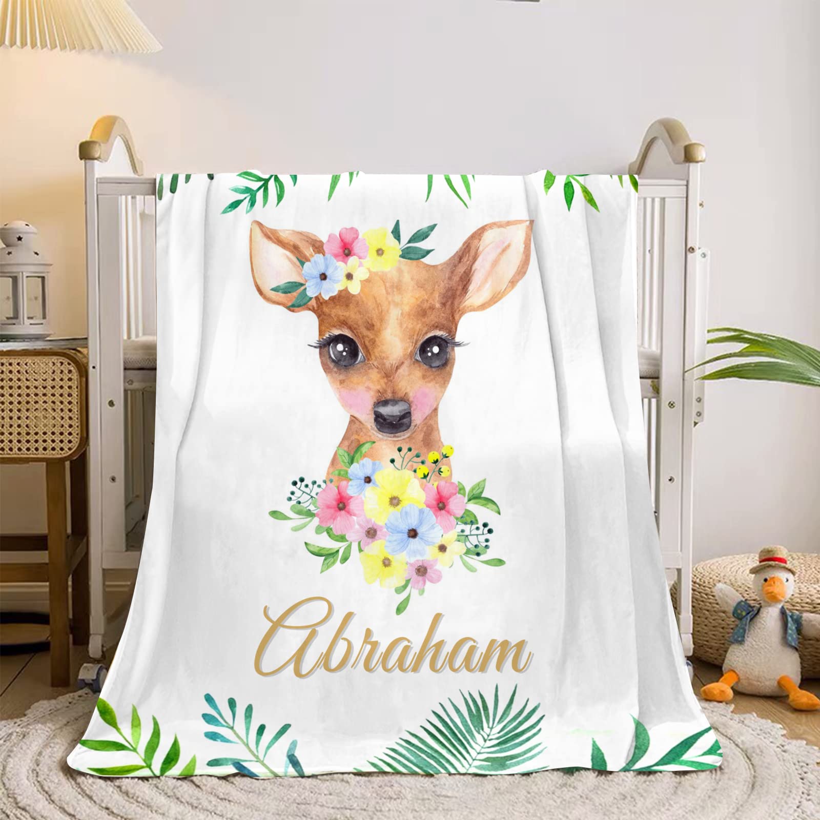 Personalized Baby Blanket with Name - Soft Fleece Flannel Blanket for Baby Girls & Boys - Floral Deer Design - Perfect for Nursery, Gifts, and Photo Shoots