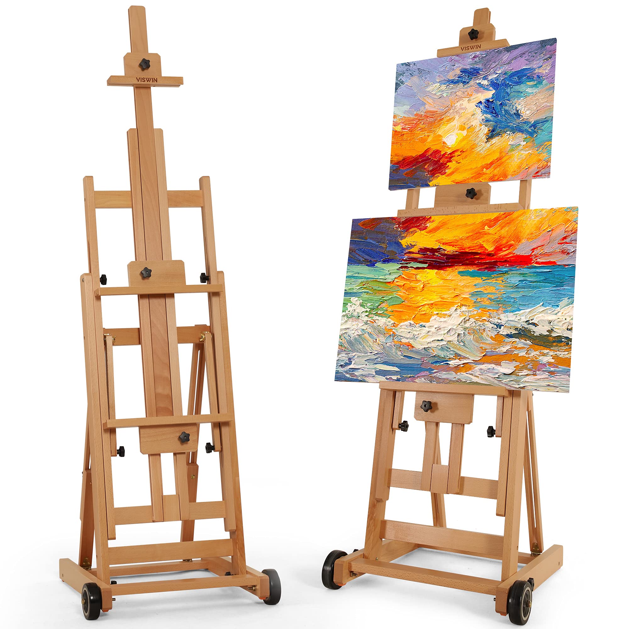 VISWIN Adjustable Beech Wood H-Frame Easel - Collapsible Floor Art Stand for 1-2 Canvases Up to 78