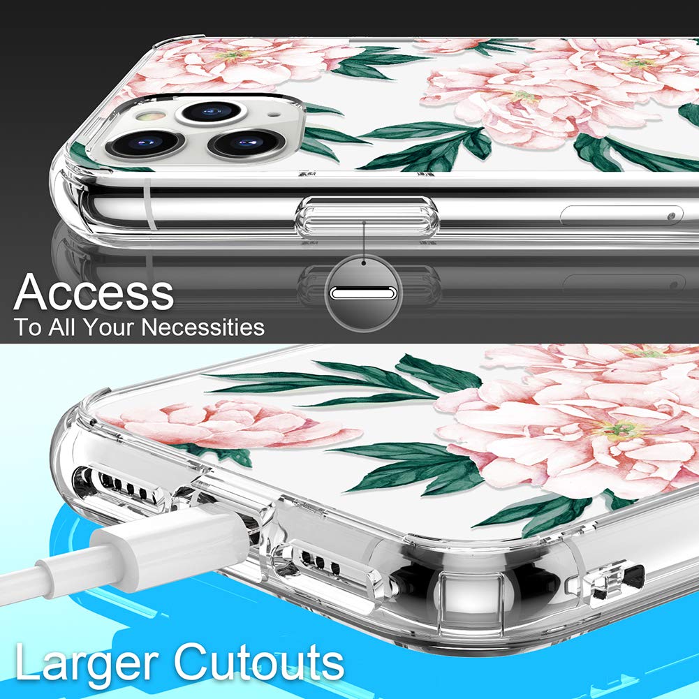 GiiKa iPhone 11 Pro Max Case with Screen Protector - Clear Floral Design Shockproof Hard PC & Slim TPU Bumper Cover for Women (Pink Flowers) | Perfect for Everyday Protection, Work, School & Travel