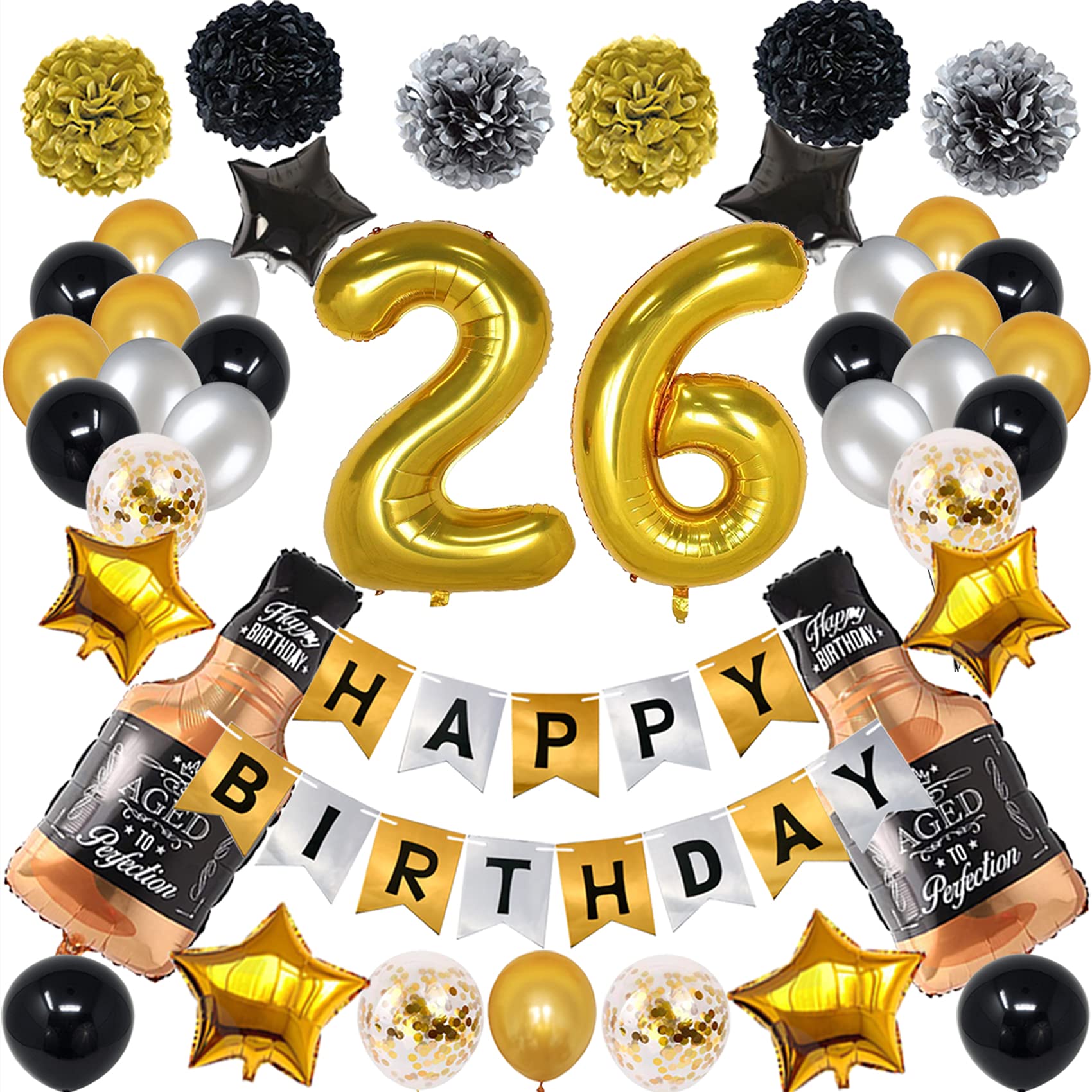 26th Birthday Party Decorations Set - Gold & Black Theme for Men & Women - Includes 26 Number Balloons & Happy Birthday Banner - Perfect for Adult Birthday Parties, Milestone Celebrations & Surprise Decorations
