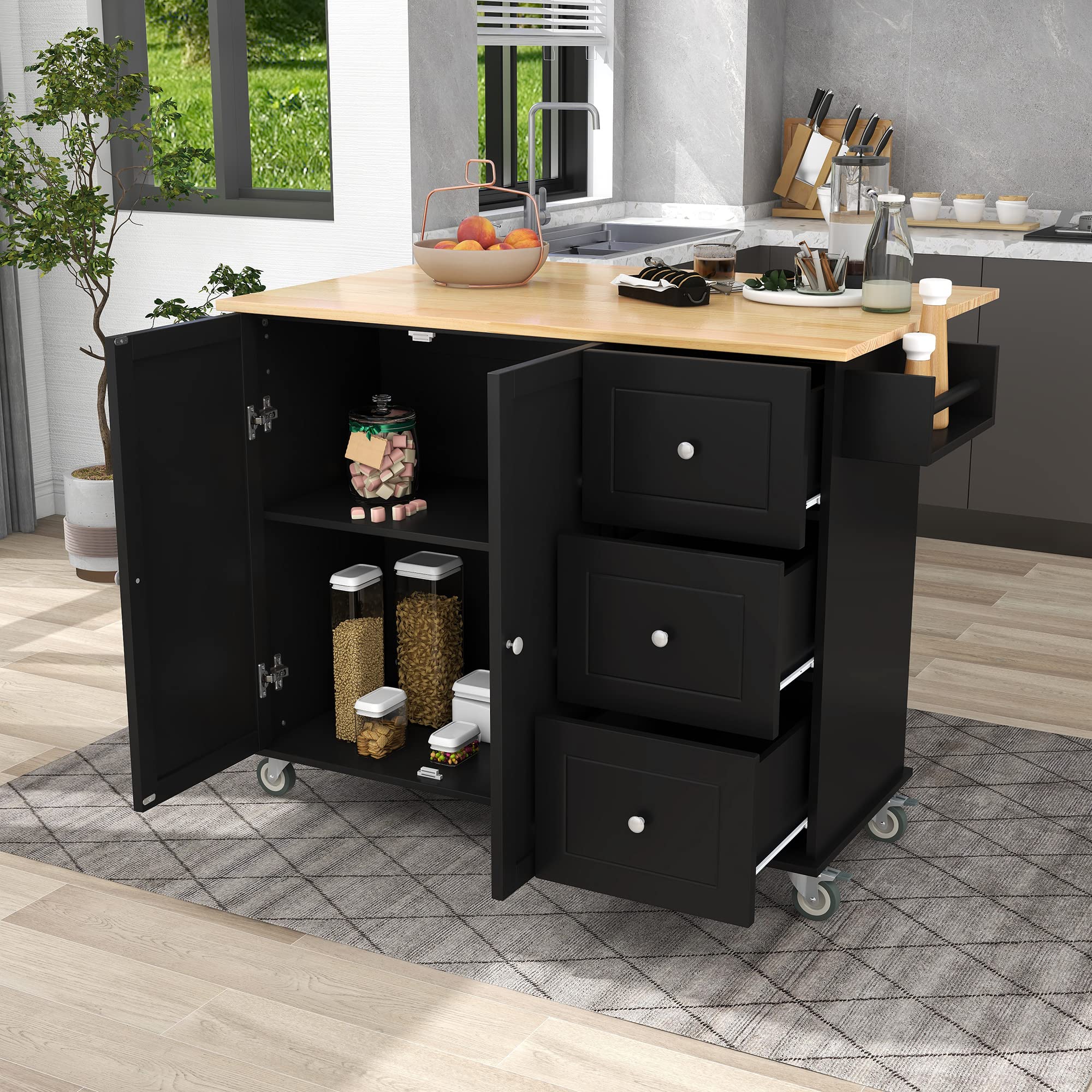 Solid Wood Kitchen Island with Drop Leaf & Storage - Adjustable Shelf, Foldable Table, 3 Drawers & 2 Doors - Rolling Kitchen Cart for Small Spaces - Perfect for Breakfast Bar, Food Prep & Extra Counter Space (Black)