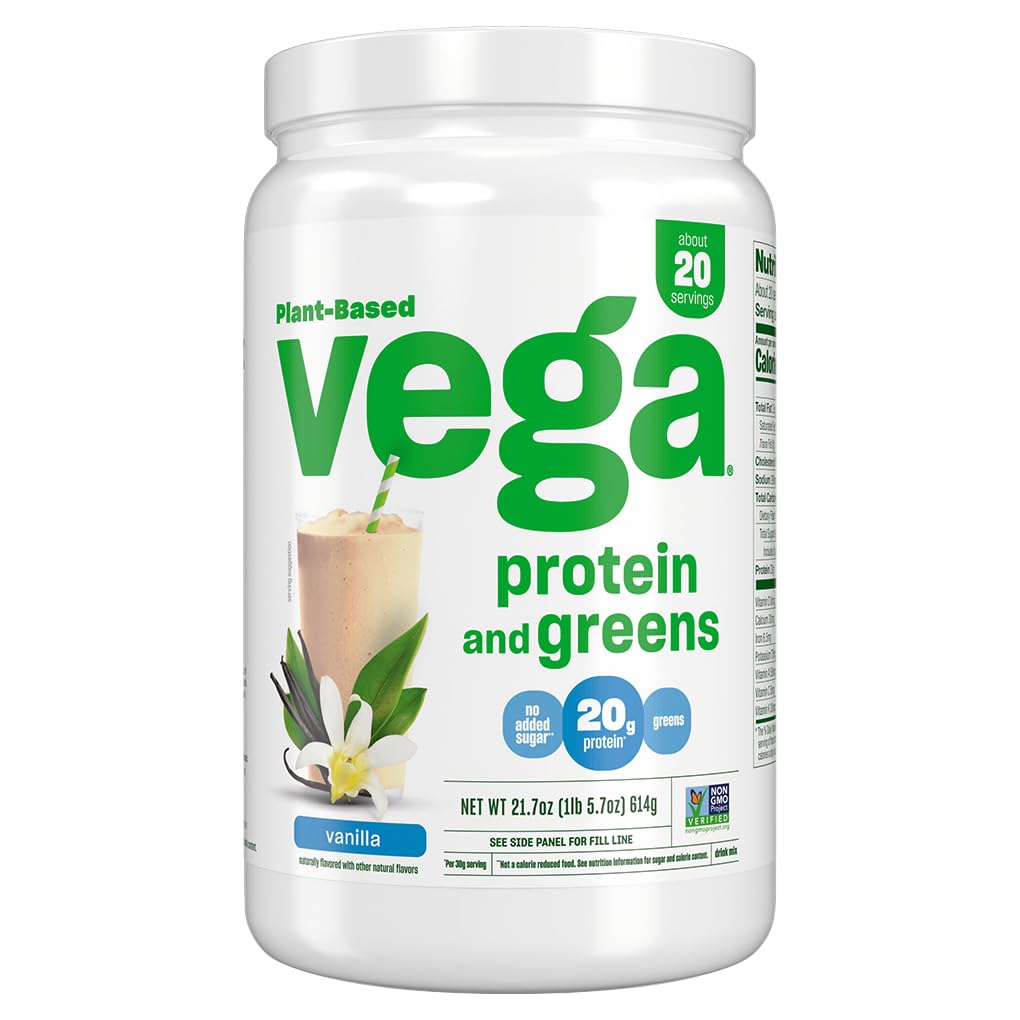 Vega Protein and Greens Powder - Vegan Plant-Based Protein with Pea Protein & Superfoods, Non-GMO, 20g Protein per Serving, Vanilla Flavor, 21.7oz (Packaging May Vary) - Perfect for Post-Workout Recovery, Smoothie Boosts & Healthy Meal Replacement
