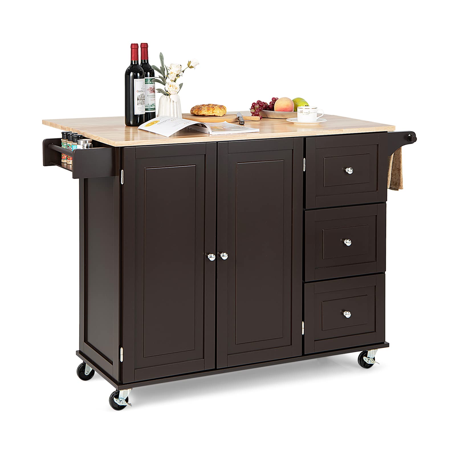 Giantex Kitchen Island Cart with Drop-Leaf Tabletop - Large Rolling Trolley with Storage Cabinet, 3 Drawers & Towel Rack - Mobile Kitchen Organizer for Dining Room & Small Spaces - Brown Wood Finish - Perfect for Meal Prep, Entertaining & Extra Counter Space