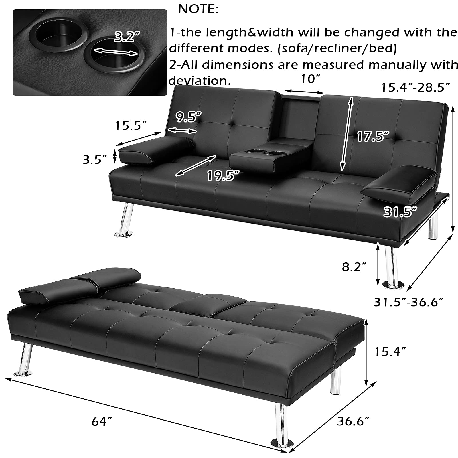 Powerstone Convertible Leather Futon Sofa Bed - Foldable Sleeper Couch for Small Spaces, Living Room Sectional with Cup Holder & Removable Armrests (Black) - Perfect for Apartments, Guest Rooms & Home Offices