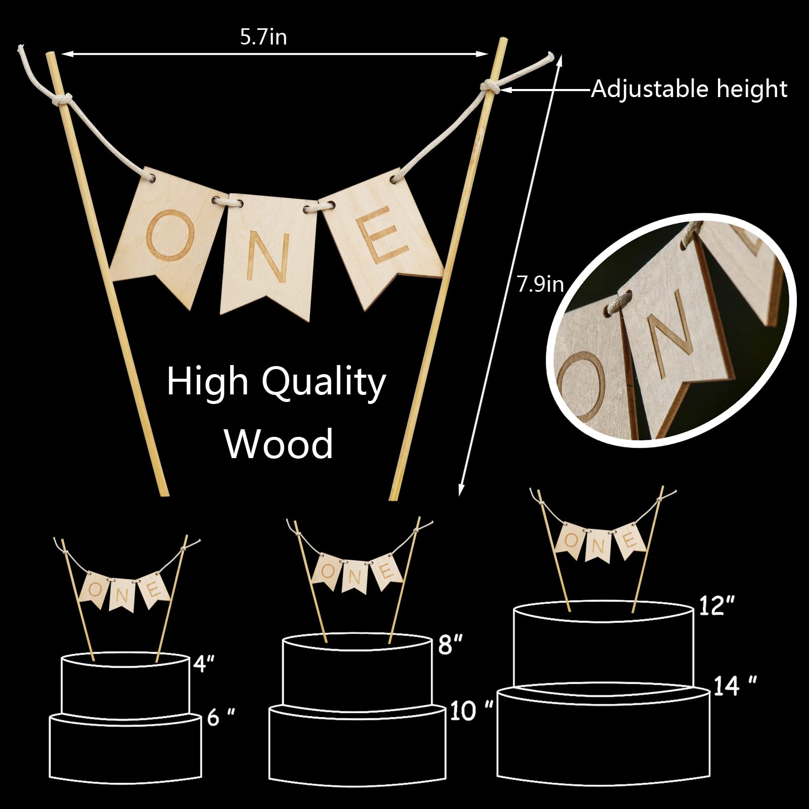 Wooden 'One' Cake Topper for 1st Birthday - Handmade Wood One Banner Cake Decorations | First Birthday Party Supplies | Perfect for Cake Smash Photos, Baby's Milestone Celebration & Gender Neutral Birthday Party Decor