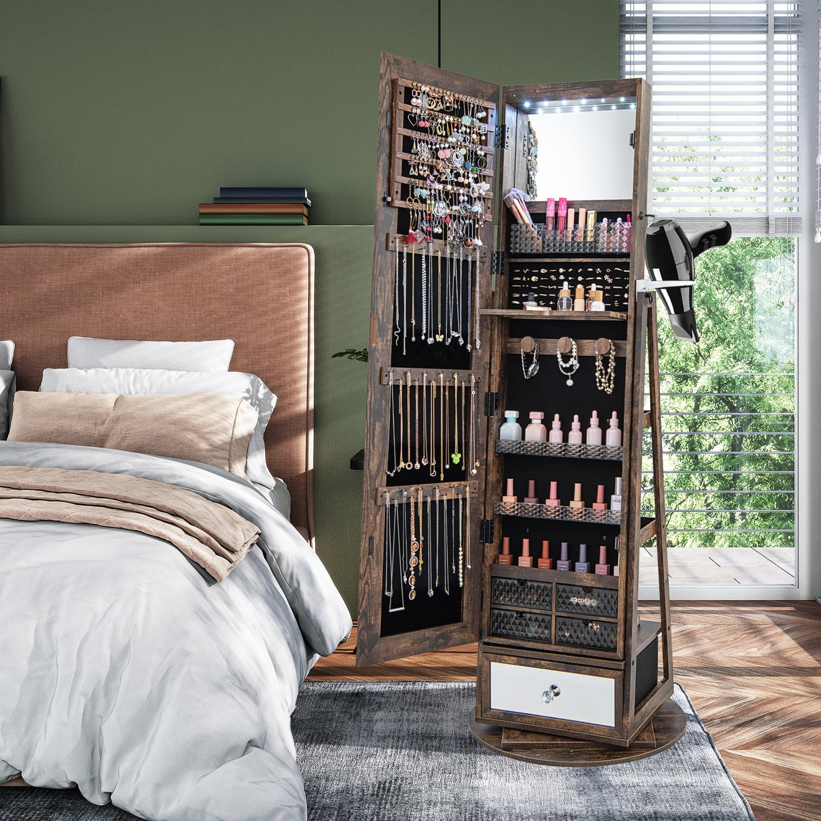 CHARMAID 360° Swivel Jewelry Cabinet Armoire with Full Length Mirror - 64.5