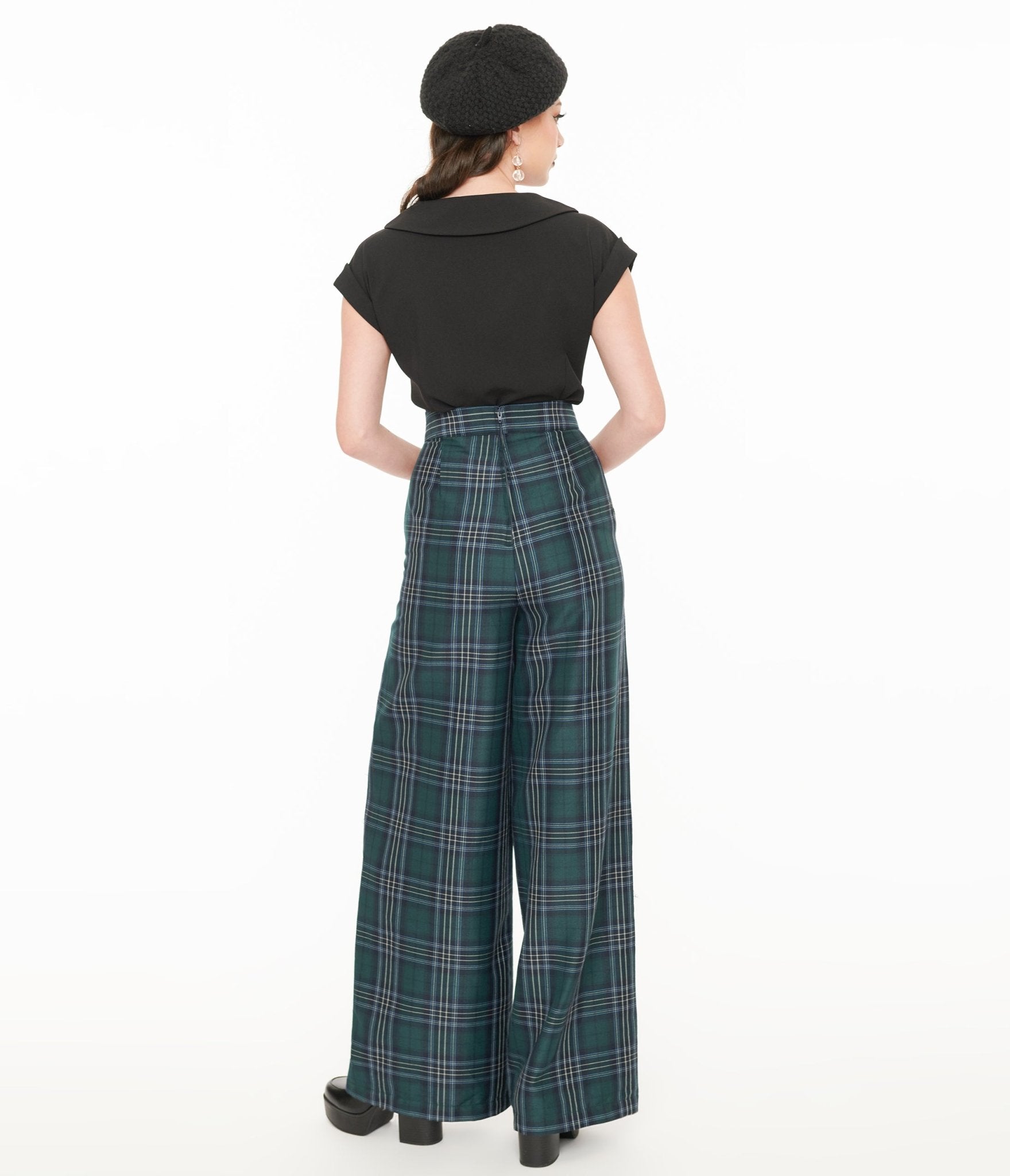Vintage 1940s Green & Black Plaid High Waist Pants - Retro Women's Fashion for Casual Wear & Costume Parties