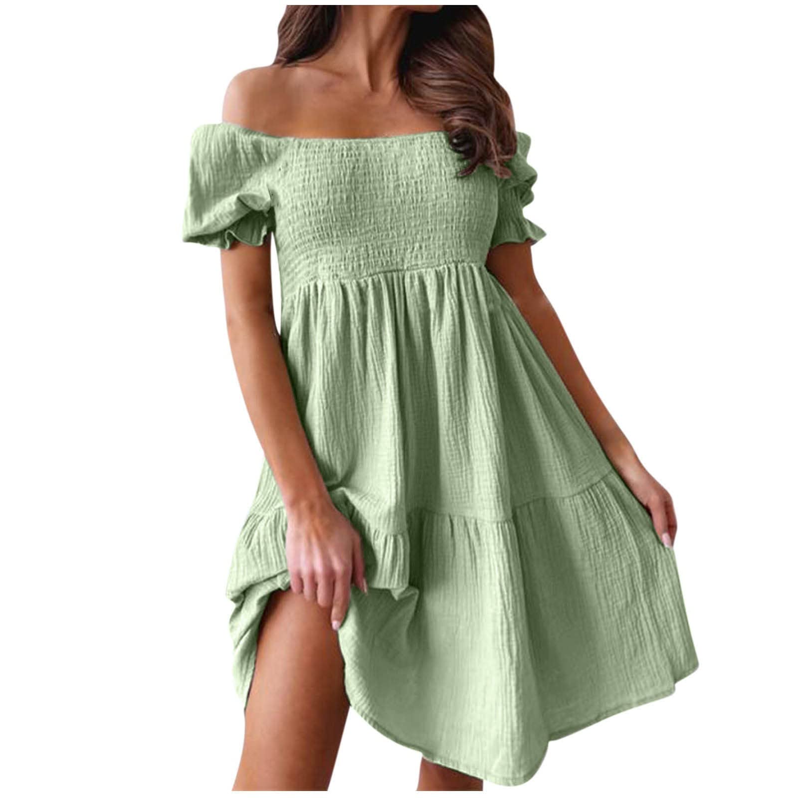 Luciava Women's Off Shoulder Casual Summer Dress - Slim Fit Slash Neck Short Sleeve Pullover Mini Dress for Party, Holiday & Beach Outings