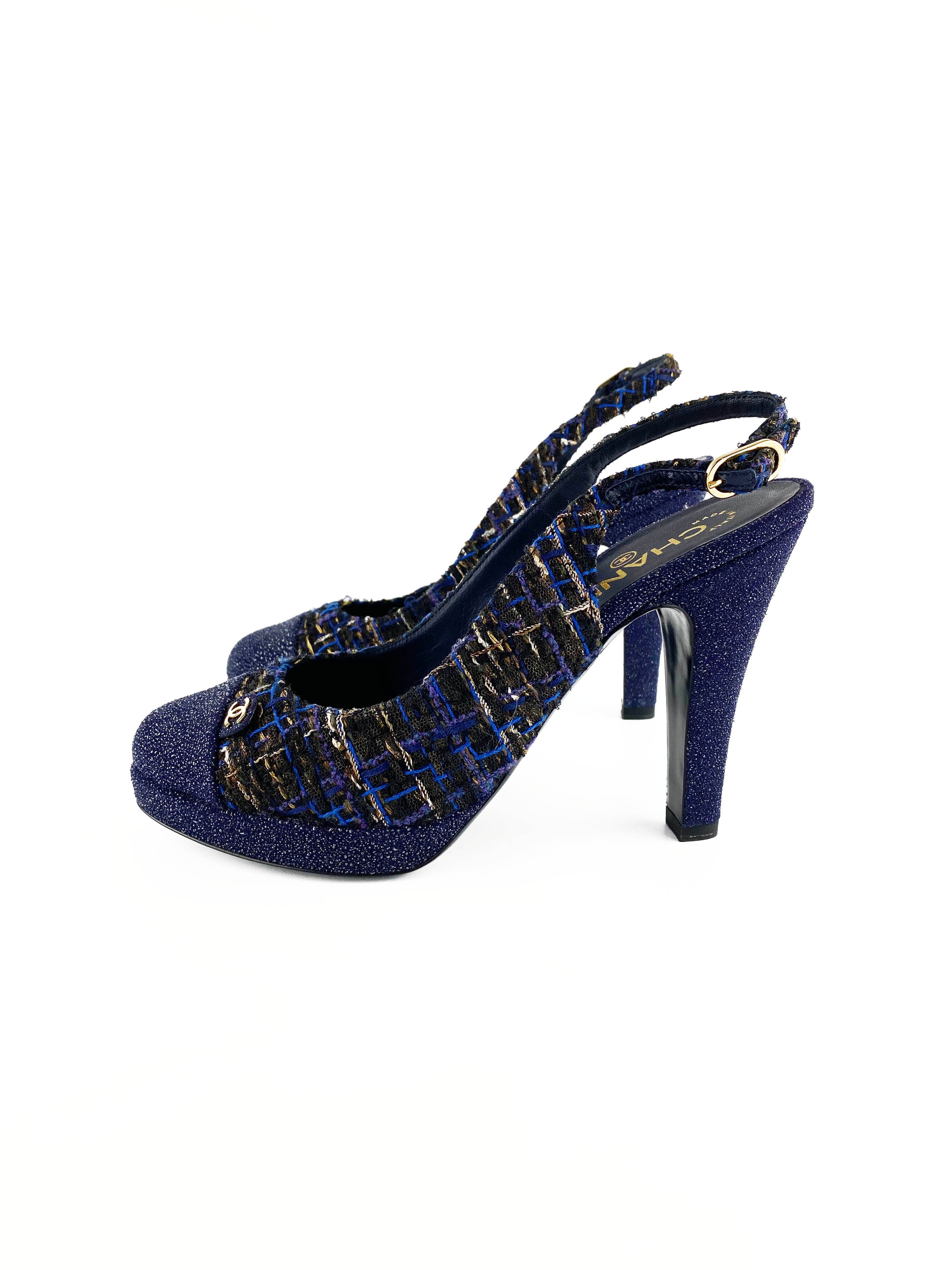 Chanel Blue Tweed Pumps Women's Size 39 - Classic Luxury Heels for Parties, Weddings & Formal Events