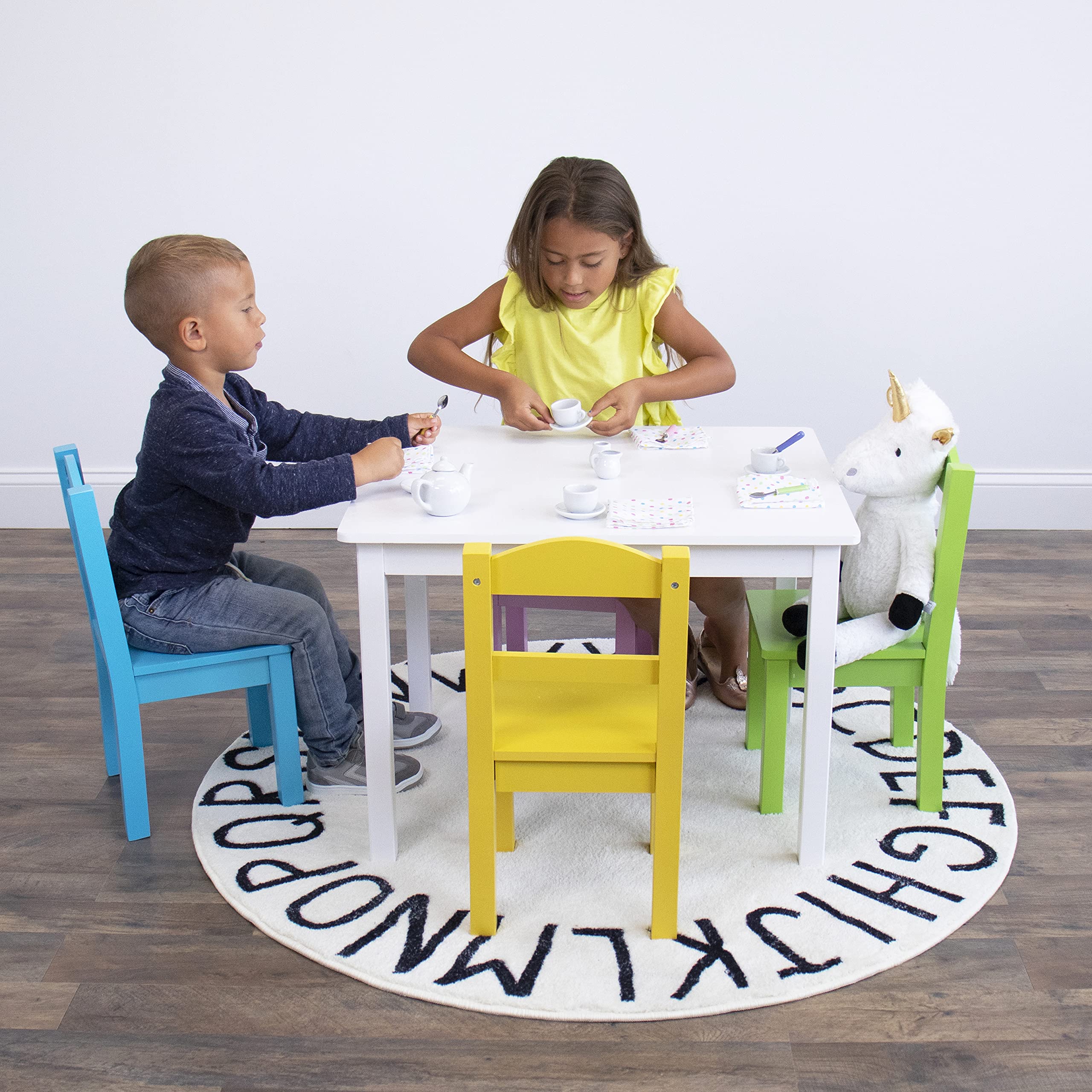 Humble Crew Kids Wooden Table and 4 Chairs Set - White/Pastel Toddler Activity Table for Arts, Crafts & Snack Time - Sturdy & Durable Children's Furniture for Playroom, Classroom & Home Learning