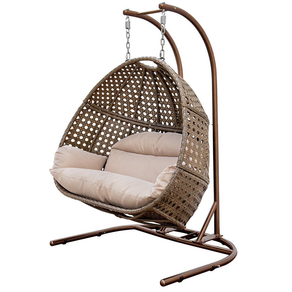 Brown Wicker Hanging Double Seat Swing Chair with Stand & Beige Cushion - Outdoor Patio Furniture for Garden, Backyard, Porch Relaxation