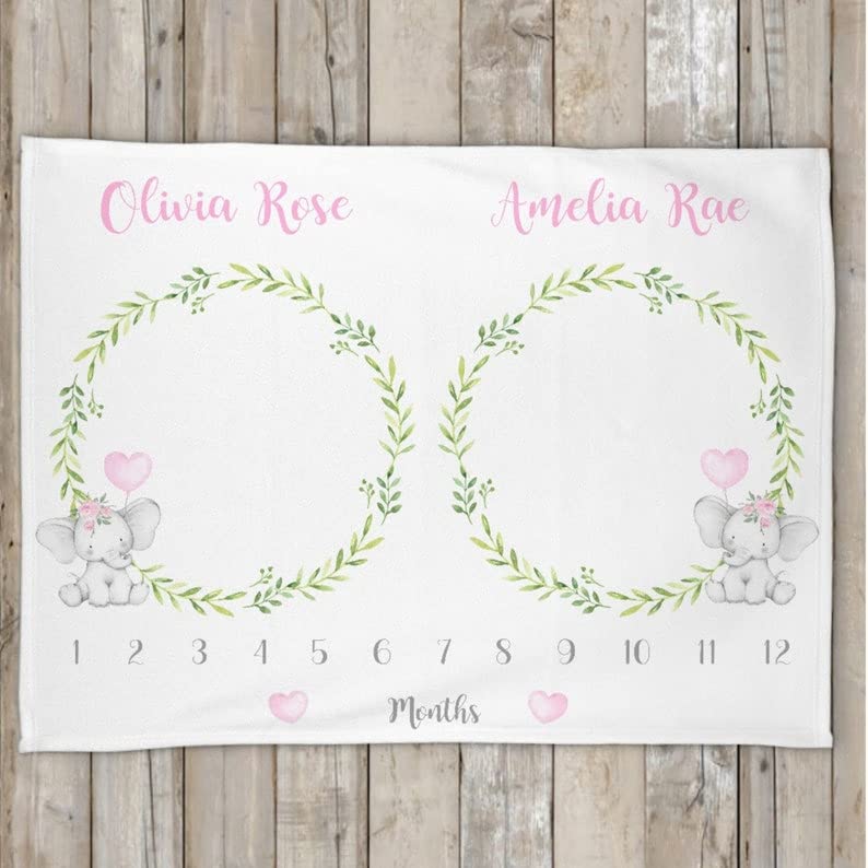 Personalized Elephant Floral Wreath Twin Baby Milestone Blanket - Soft Growth Photo Prop for Newborn Girls - Perfect for Monthly Photos, Baby Showers & First Birthday Gifts