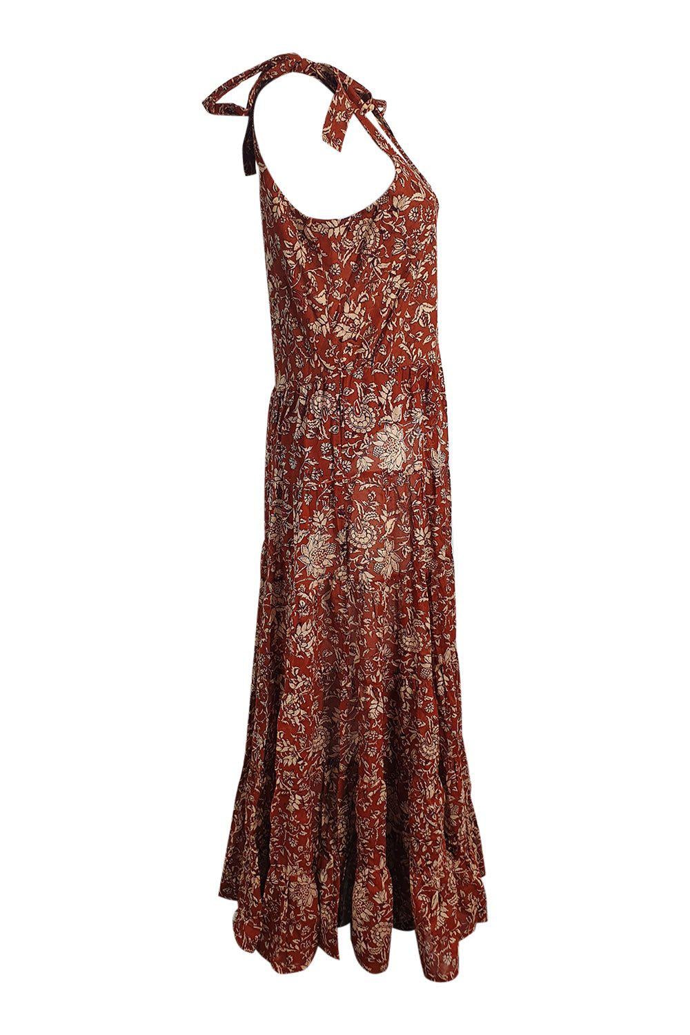 FREE PEOPLE 100% Cotton Brown Floral Print Maxi Dress for Women - Boho Chic Summer Beach Dress, Casual Sundress for Vacations & Outdoor Parties (Size M)