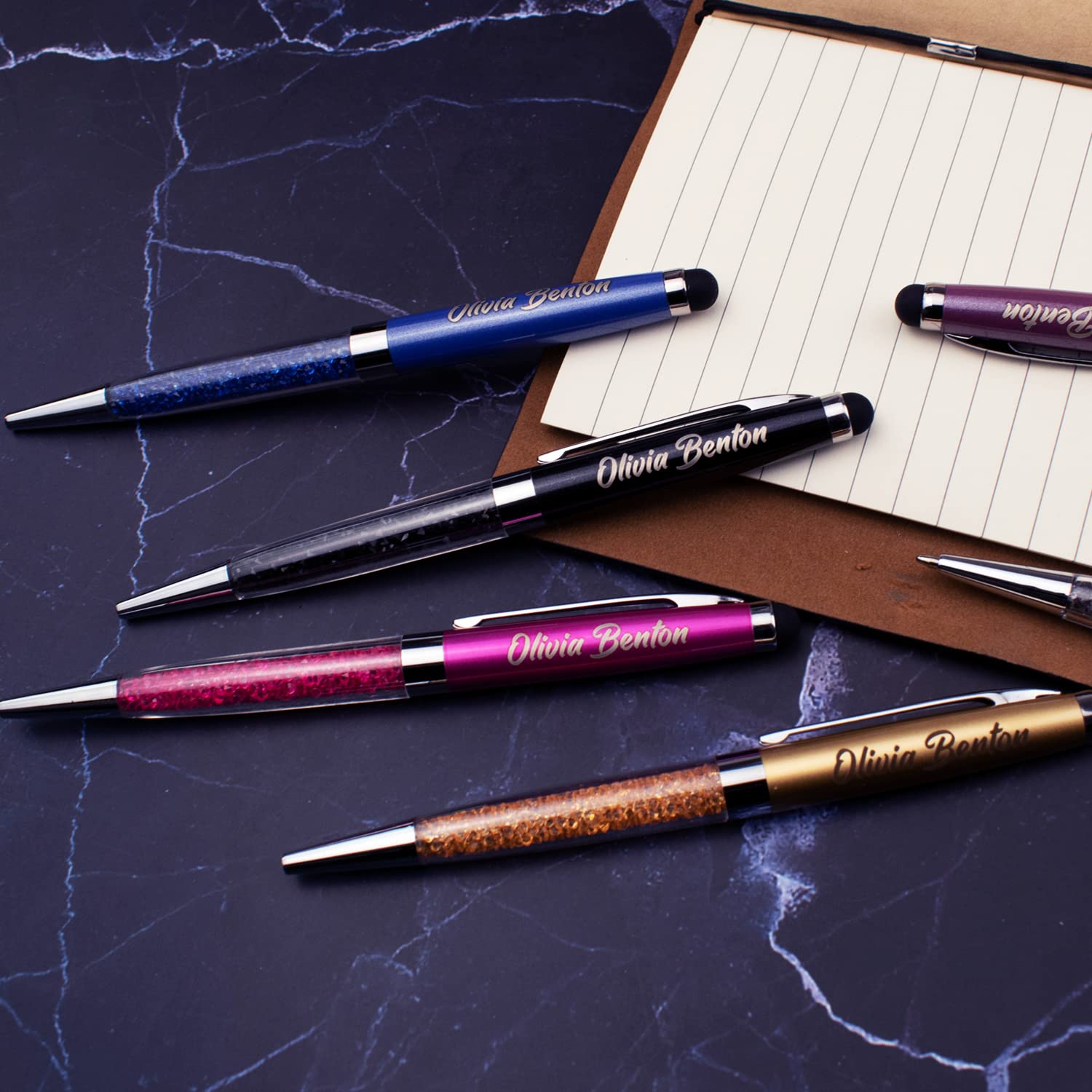 Ancolo Personalized Diamond Pens with Stylus Tip - Engraved Office Gift Set with Black Ink Refills | Custom Name, Company, Team Name & Phone Number | Perfect Gift for Women, Girls, Colleagues | Ideal for Business Meetings, Corporate Events & Special Occasions