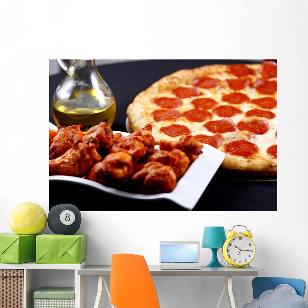 Wallmonkeys Peel and Stick Wall Mural - 72x48 Inch Pepperoni Pizza & Chicken Graphic Decal | Removable Wall Art for Kitchen, Diner, Pizza Restaurant Decor | WM350881