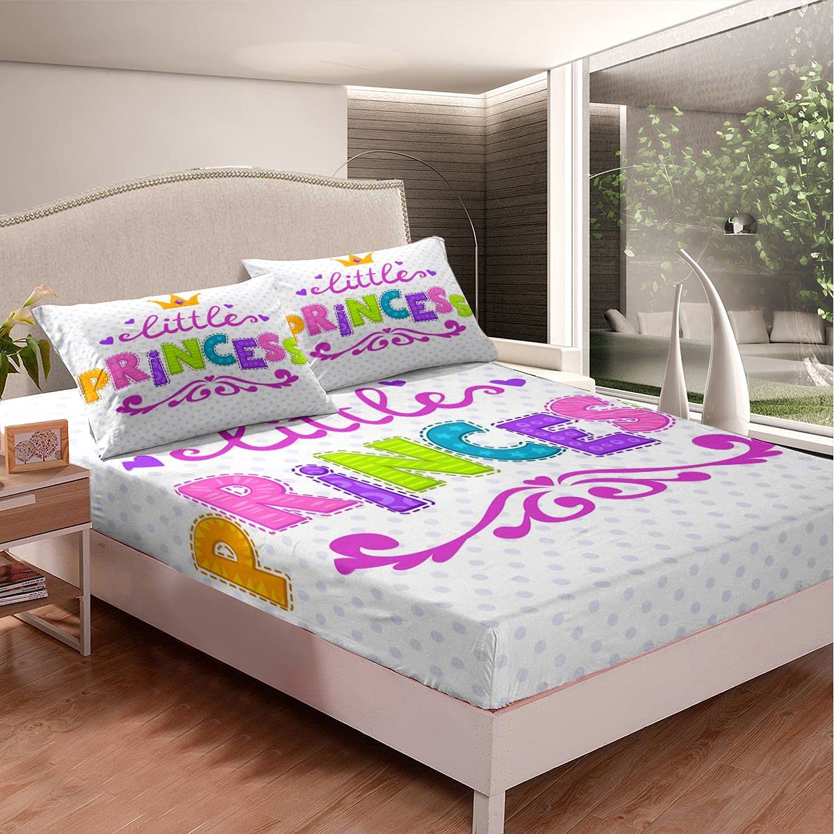 Feelyou Kids Cartoon Crown Bed Sheet Set - Princess Style 3-Piece Queen Size Bedding with Colorful Alphabet Design | Perfect for Girls' Room Decor, Birthday Gifts & Themed Bedroom Makeovers