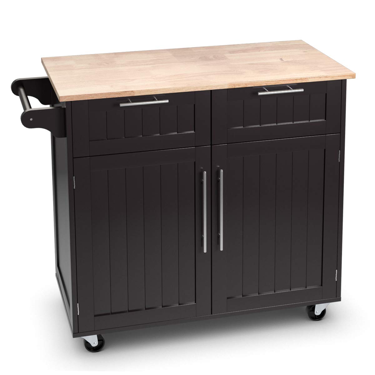 GLACER Mobile Kitchen Island Cart with Rubber Wood Top, Side Handle, Large Drawers & 2-Door Cabinet - 37 x 18 x 37 Inches, Brown | Rolling Kitchen Organizer for Small Spaces, Dining Room & Apartment Cooking