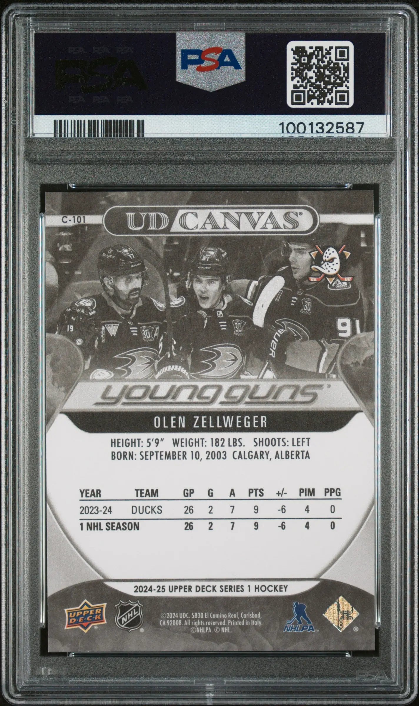 2024 Upper Deck Series 1 UD Canvas Black & White Young Guns Olen Zellweger PSA 9 Graded Hockey Card - Perfect for Collectors, Investors & Sports Memorabilia Displays