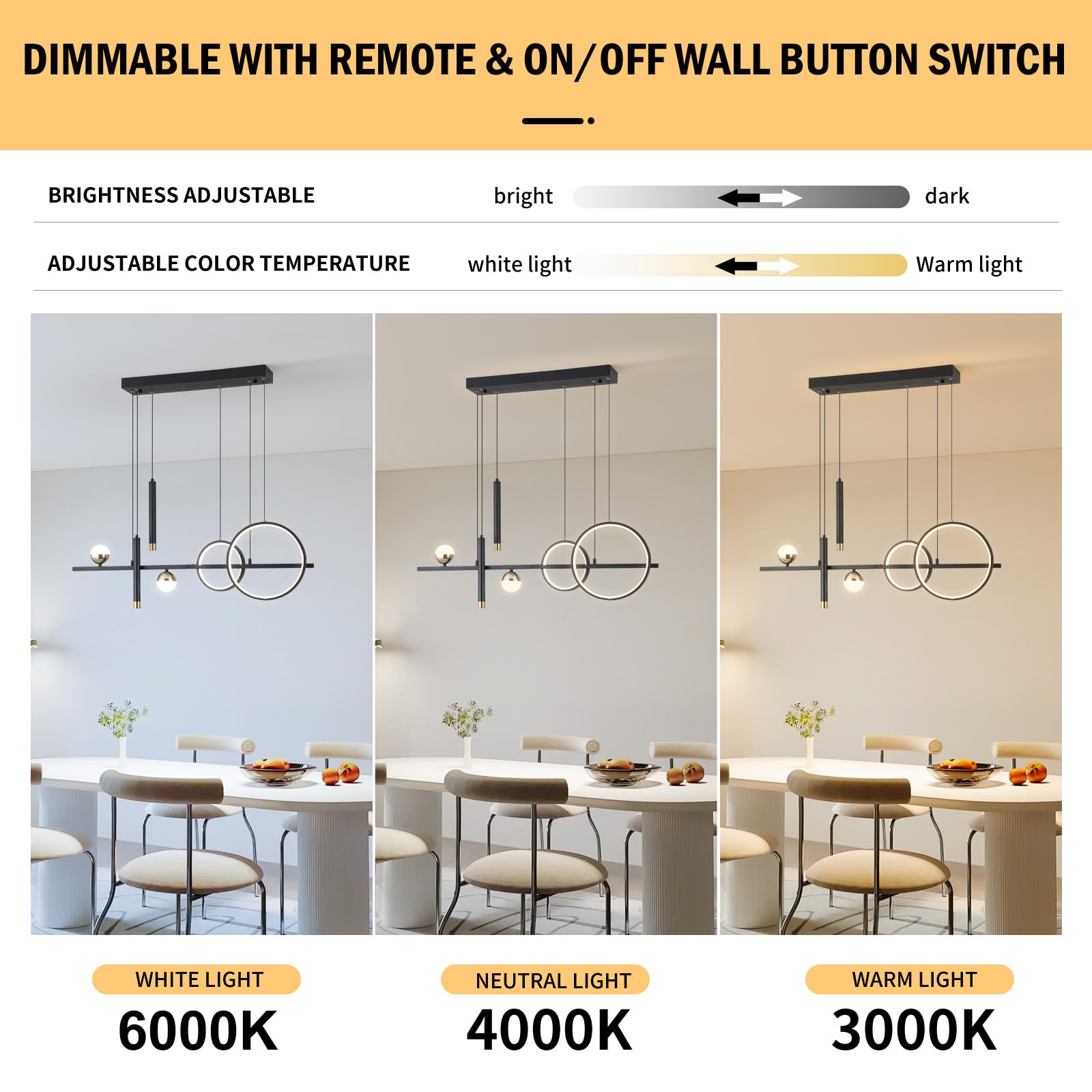 Modern LED Pendant Lights - Dimmable 39-inch Linear Wave Chandelier in Black & Gold, 2700lm Warm White Lighting for Dining Room, Kitchen Island & Table Decor | Energy-Efficient Hanging Fixture for Home & Restaurant Interior Design