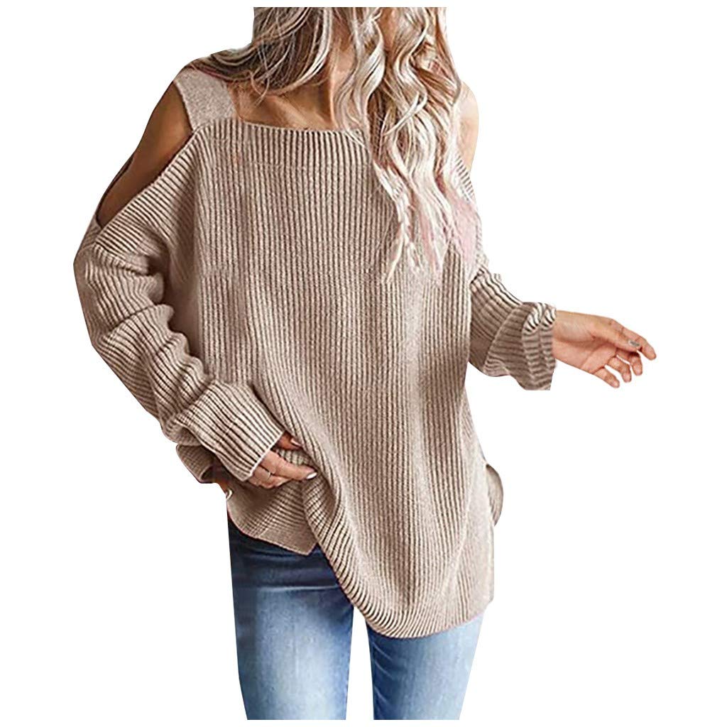Holzkary Women's Elegant Cold Shoulder Knit Sweater - Long Sleeve Pullover Blouse in Soft Khaki | Perfect for Fall Fashion, Date Nights & Office Wear