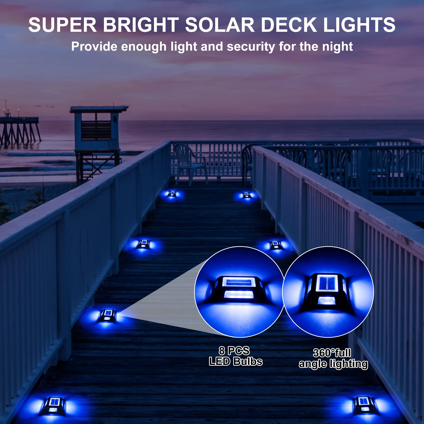 Solar Powered Outdoor LED Deck Lights - 8 Pack Waterproof Driveway & Dock Lights with 1200mAh Battery (Blue & White) - Perfect for Sidewalks, Garden Pathways, Steps & Road Markers