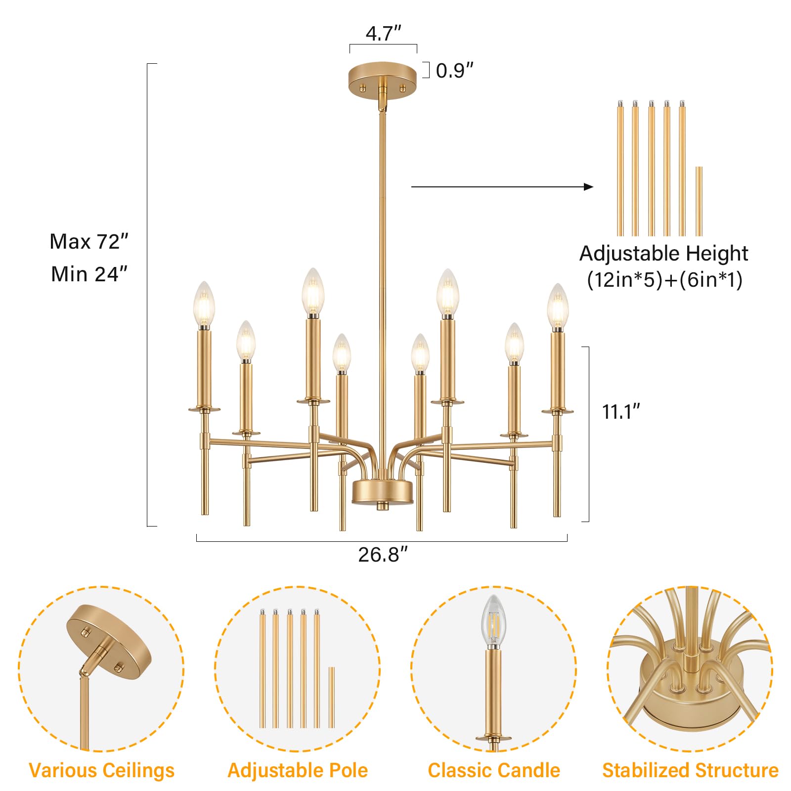 8-Light Gold Chandelier - Modern Farmhouse Dining Room Lighting Fixture with Metal Candle Pendant Design for Foyer, Entryway, Stairs, Living Room, Bedroom & Kitchen | Perfect for Rustic Home Decor & Dinner Party Ambiance