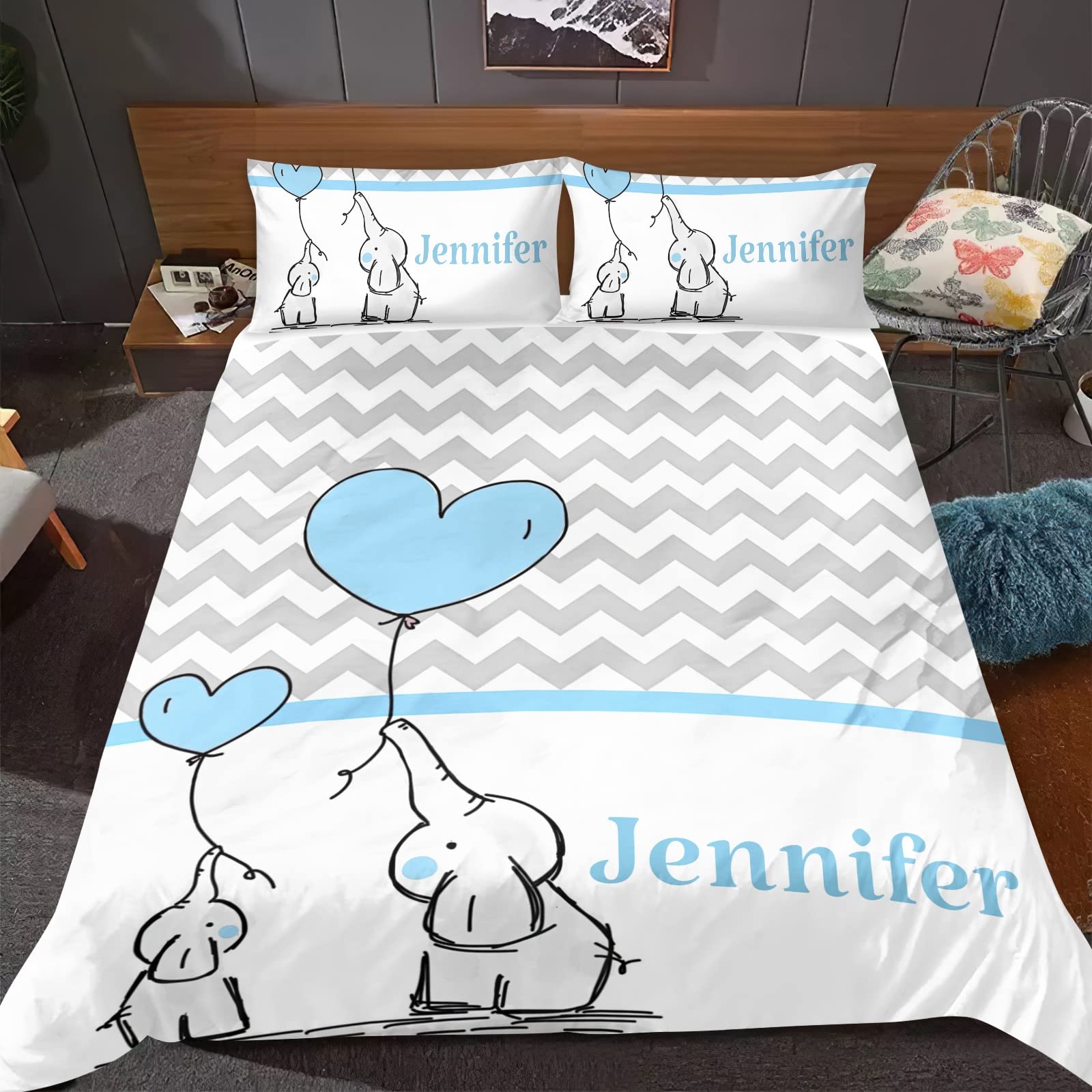 Personalized Elephant Heart Duvet Cover Set King Size - Custom Name Bedding with 2 Pillowcases for Wedding, Birthday Gift | Perfect for Nursery, Guest Room & Couples Bedroom Decor
