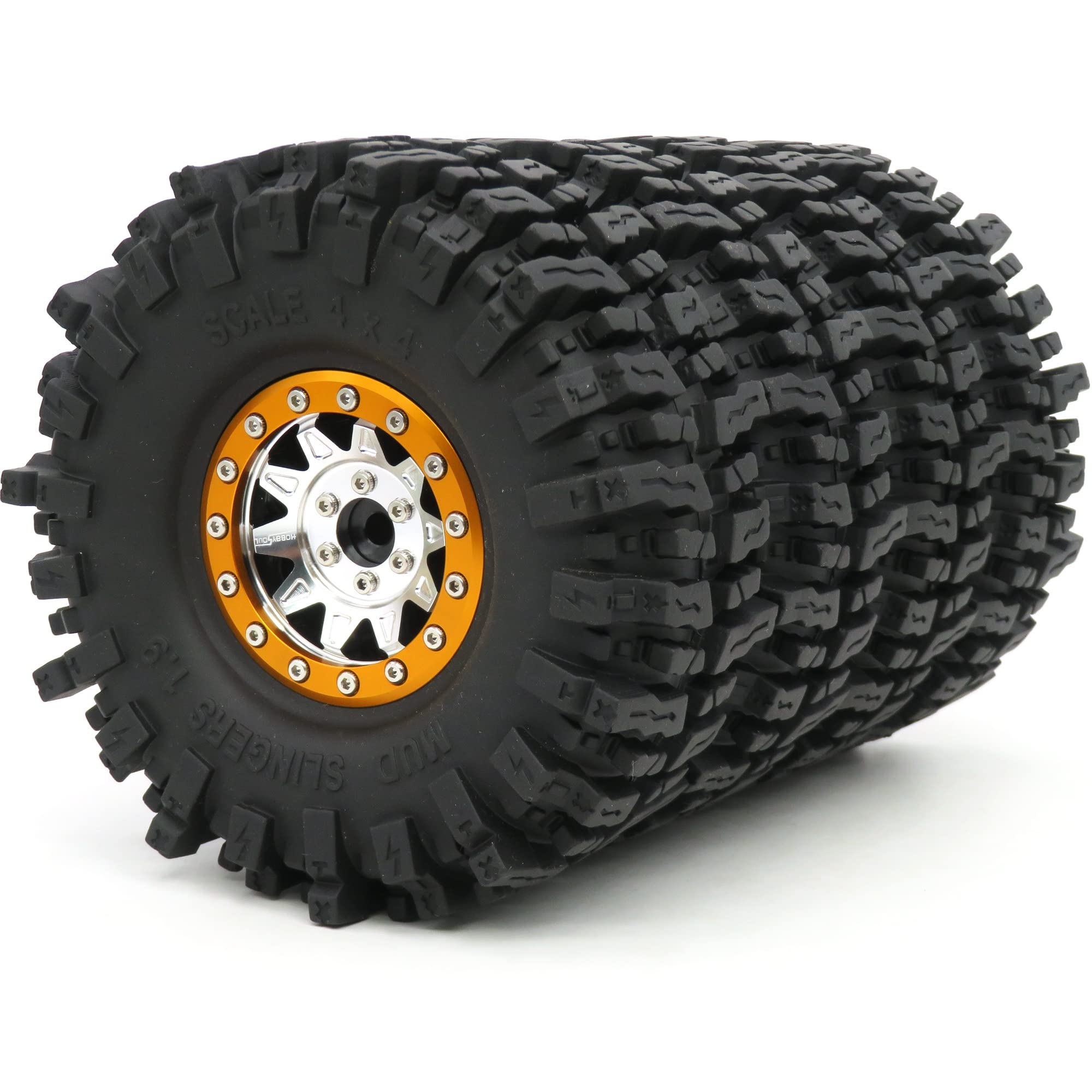 HOBBYSOUL 1.9 Mud Slingers Off-Road Tires 120mm Mounted on 1.9 Beadlock Wheels (Silver/Gold) - Heavy Duty Metal Middle Rings with Wheel Weights - Compatible with TRX-4, SCX10 RC Crawlers (4-Pack) - Perfect for Rock Crawling, Trail Adventures & Off-Road Racing