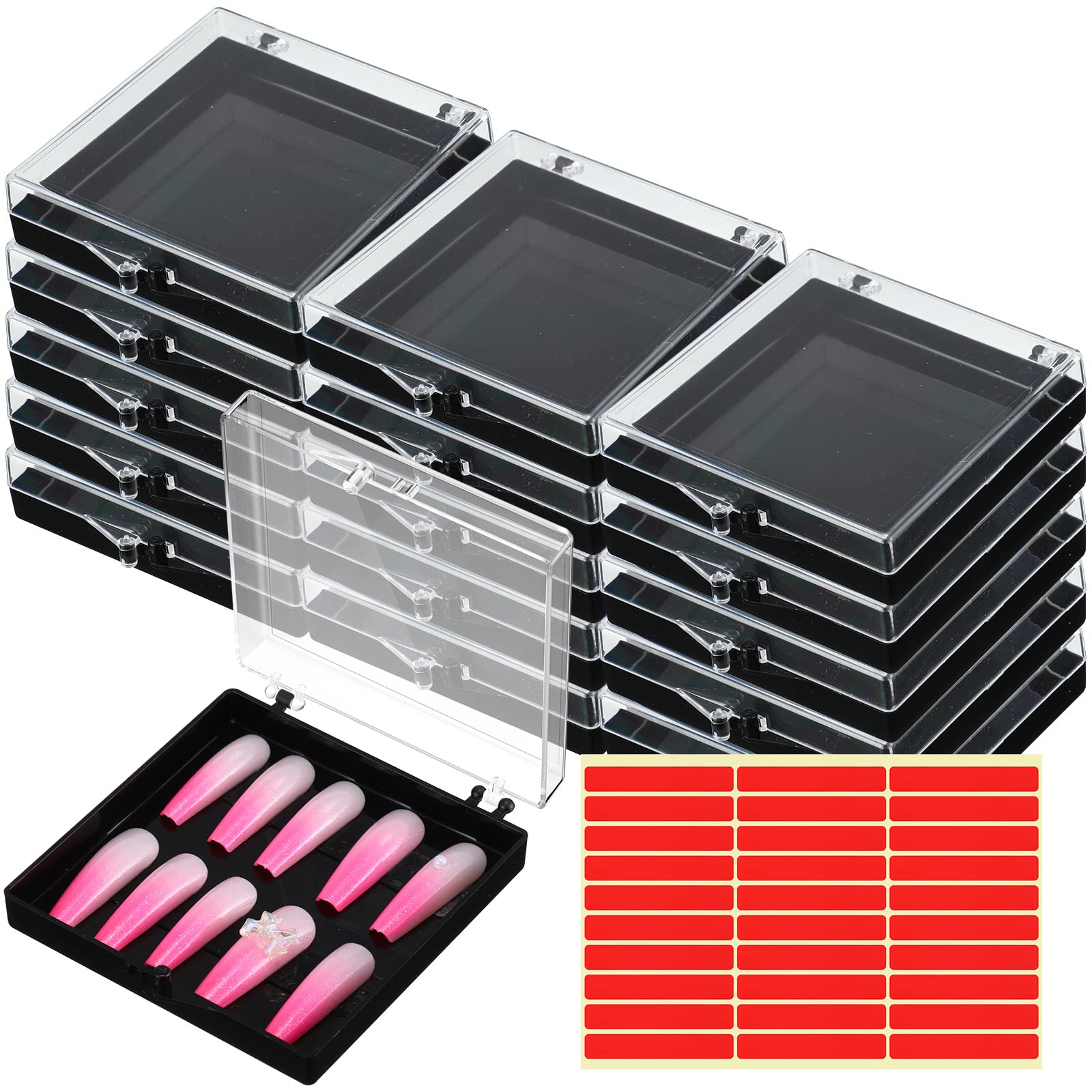 Landhoow 15 Pcs Press On Nail Boxes - Nail Display Case with 30 Adhesive Tapes, Artificial Press On Nail Container, Acrylic Storage Organizer (Black) - Perfect for Salon, Nail Art Business & Home Manicure Organization